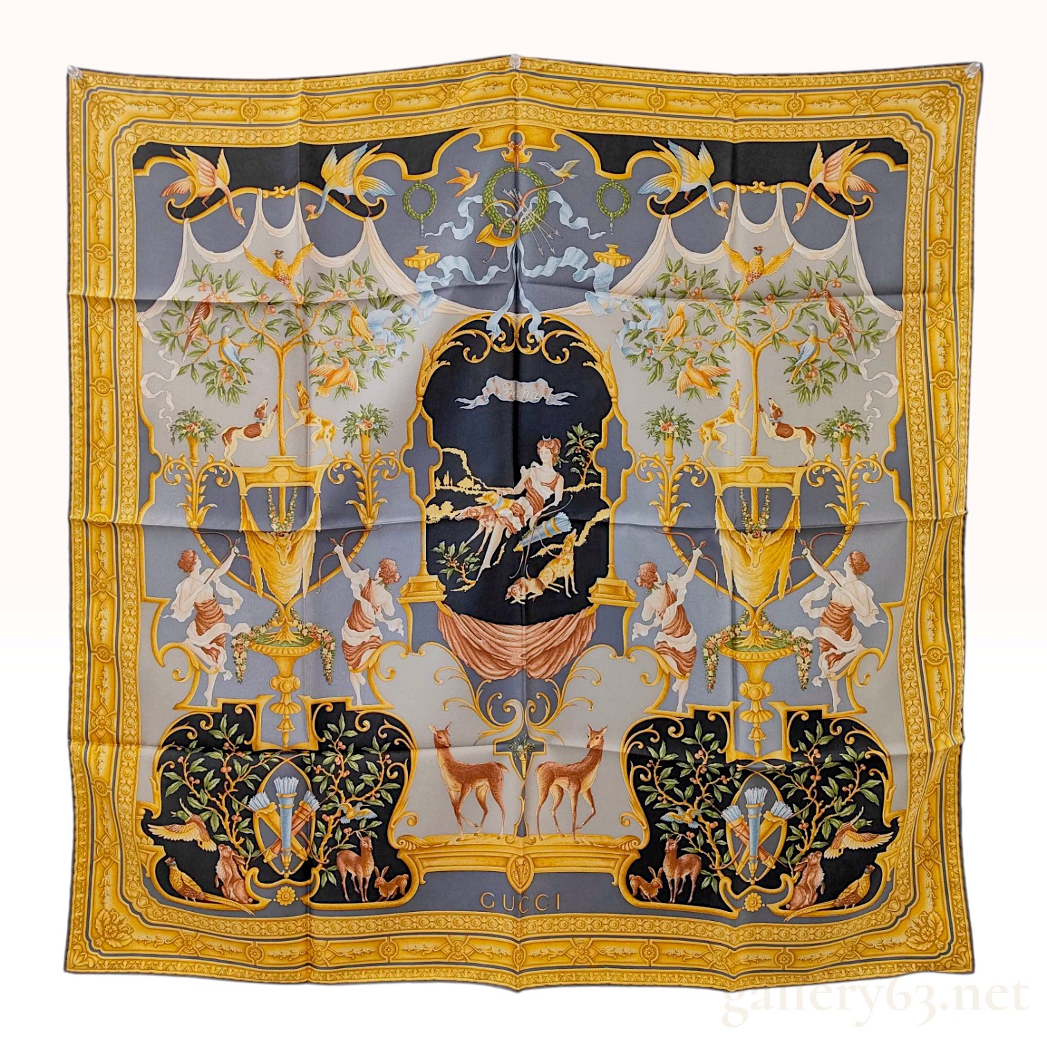 Gucci Diana Hunt Neoclassical Slate Blue Silk Scarf 87