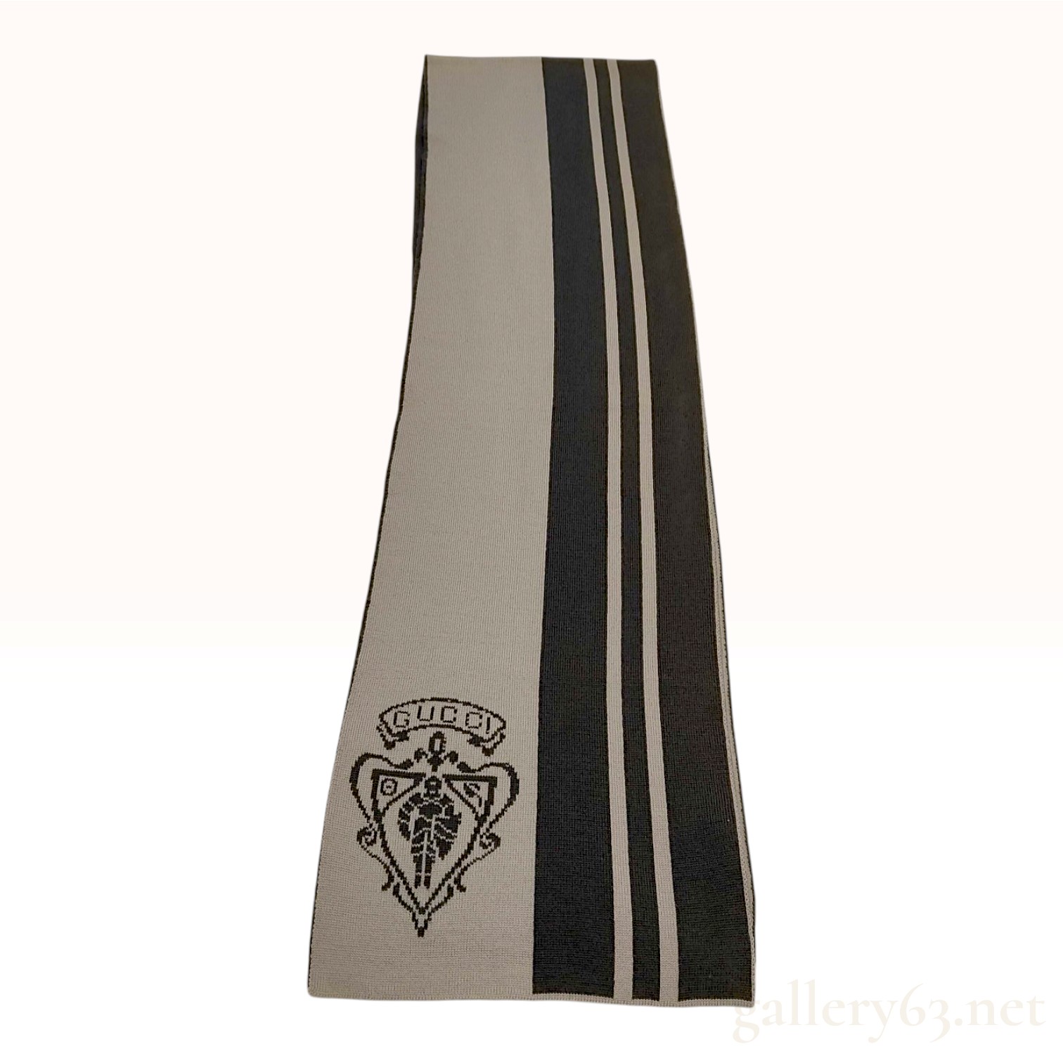 Gucci Hysteria Crest Striped Grey and Charcoal Wool Scarf