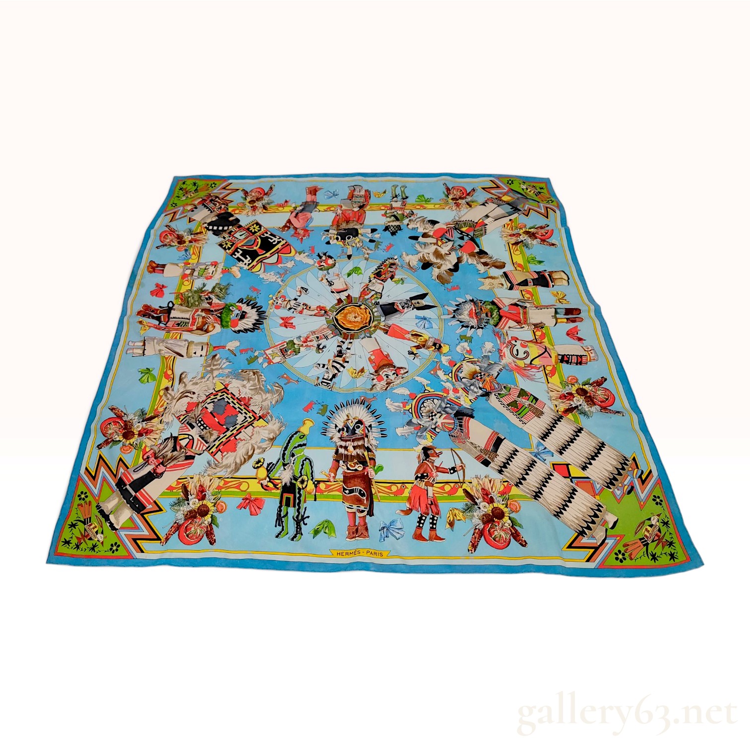 Hermes Kachinas Blue Silk Scarf 90