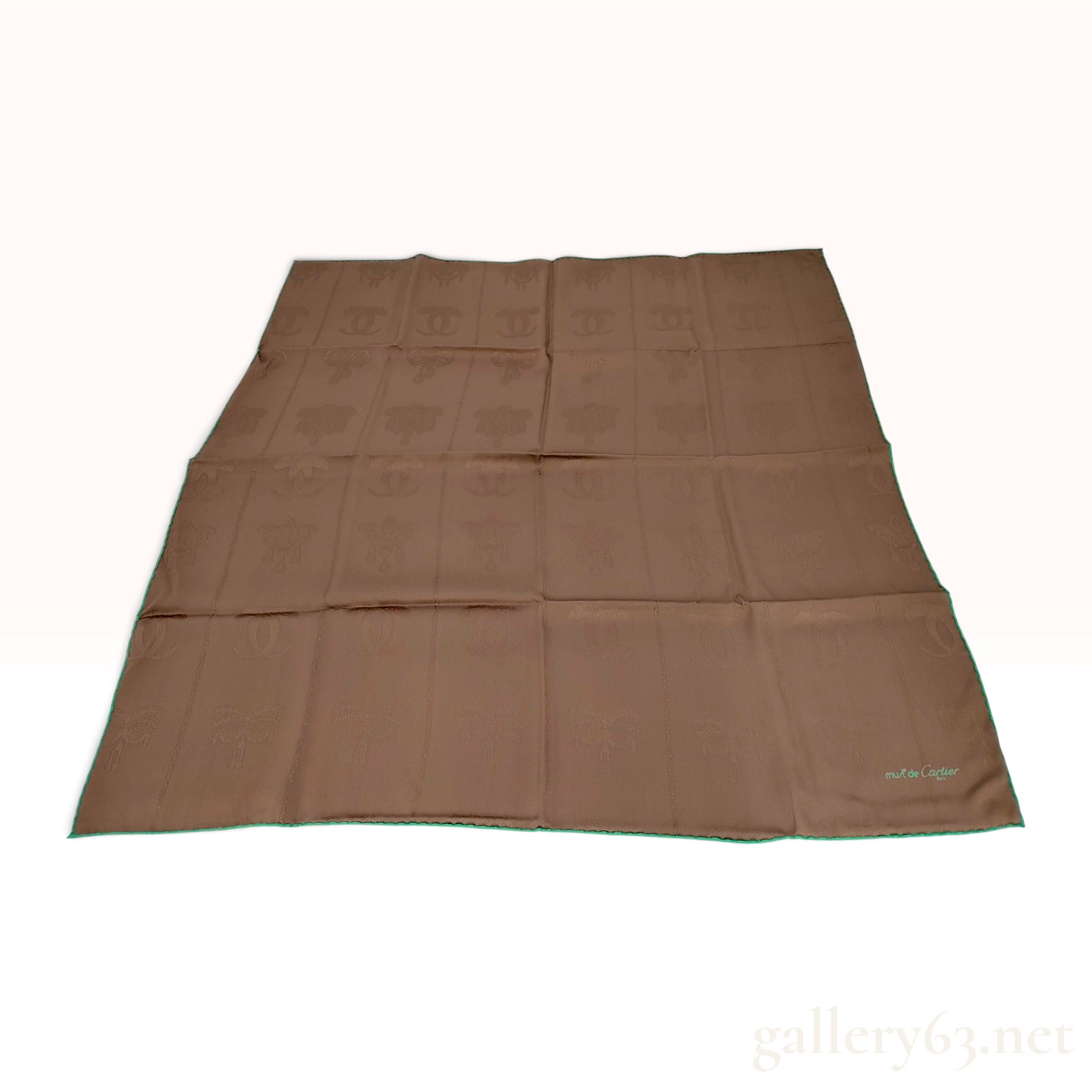 Vintage Must de Cartier Logo Jacquard Brown Silk Scarf With Box