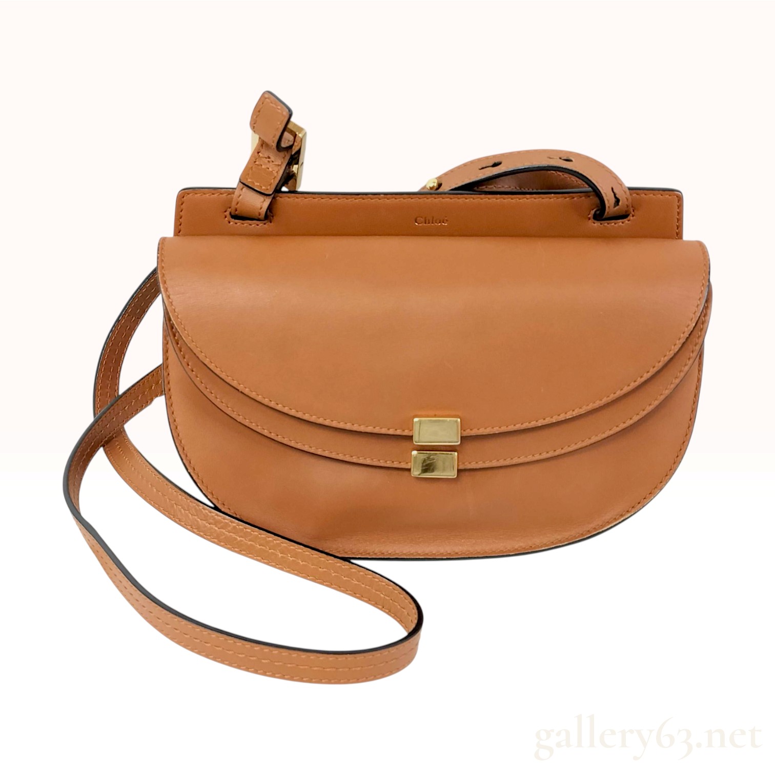 Chloe Georgia Caramel Calfskin Leather Double Flap Crossbody Bag
