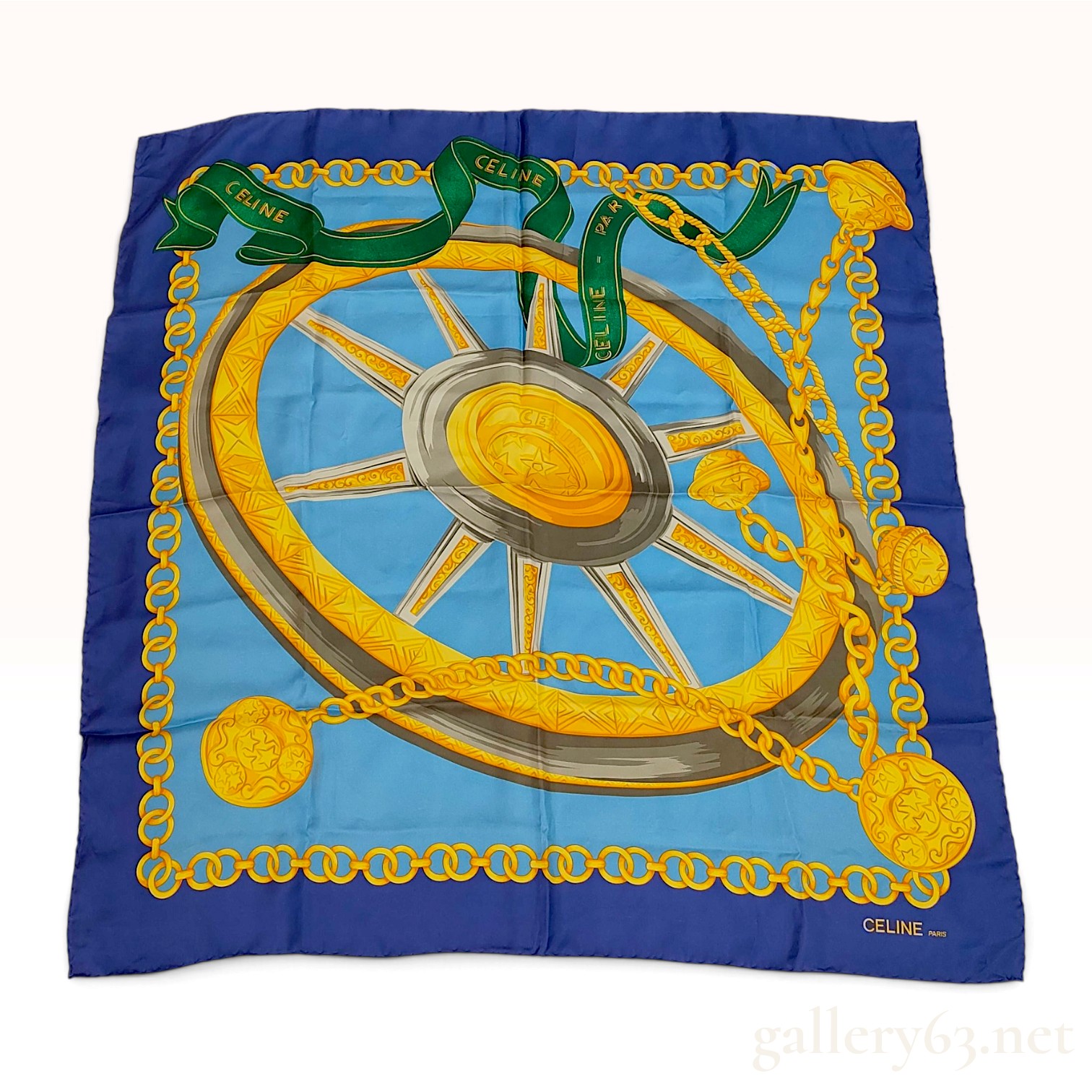 Vintage Celine Carriage Wheel Silk Scarf Blue