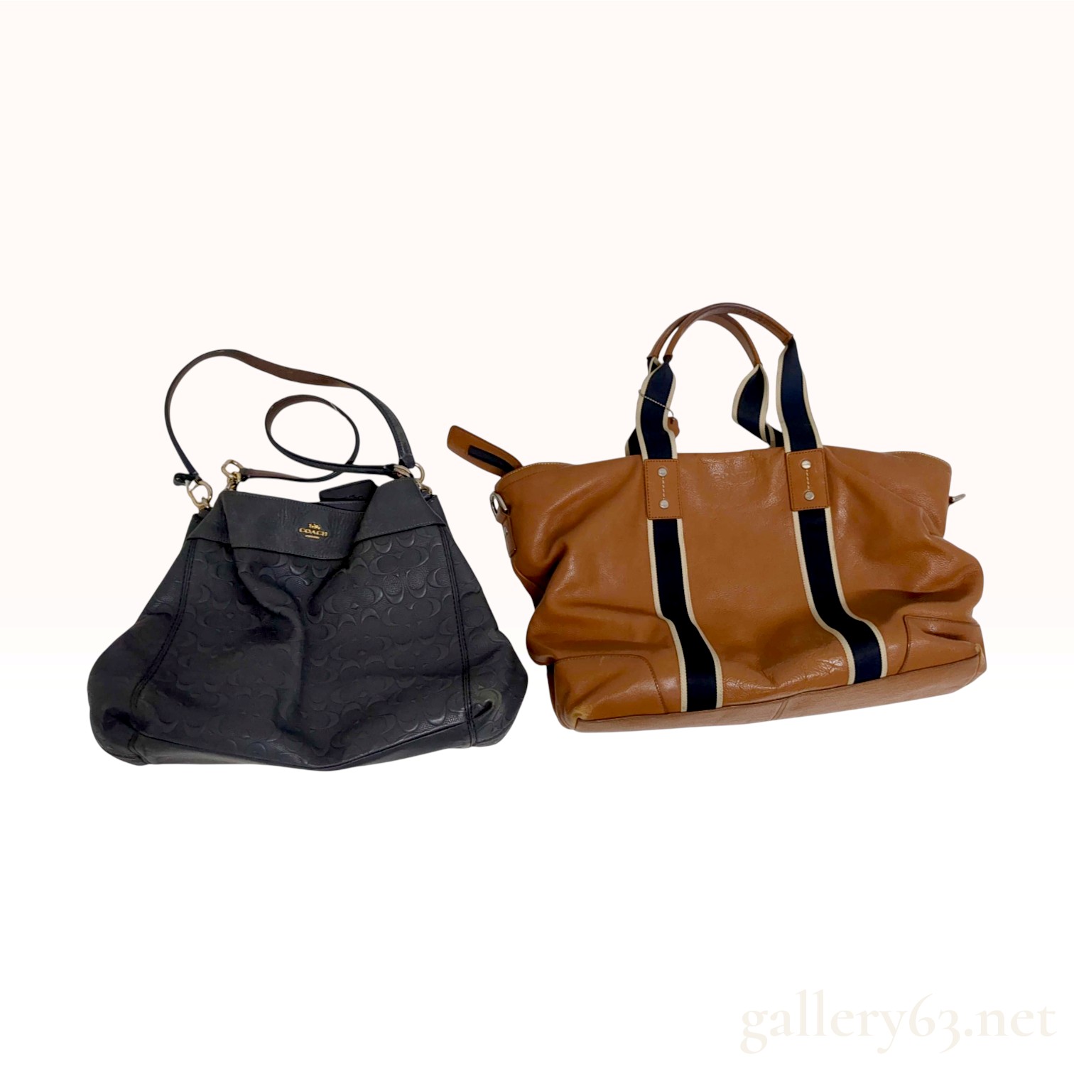 Two Coach Leather Handbags including Signature Embossed Satchel and Heritage Web Tote
