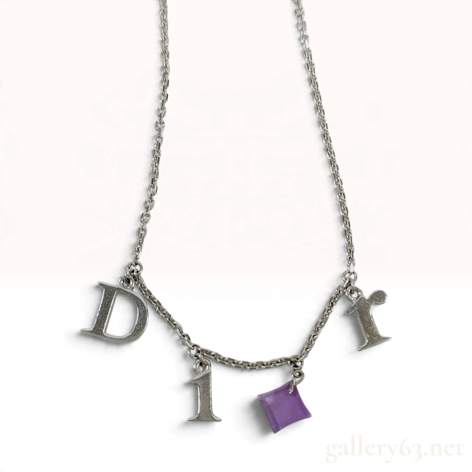 Vintage Dior Spellout Silver Tone Logo Letter Charm Necklace with Box
