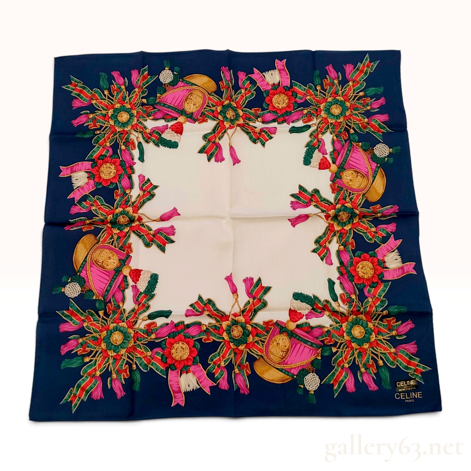 Celine Paris Military Tassel and Drum Pattern Blue Cotton Scarf