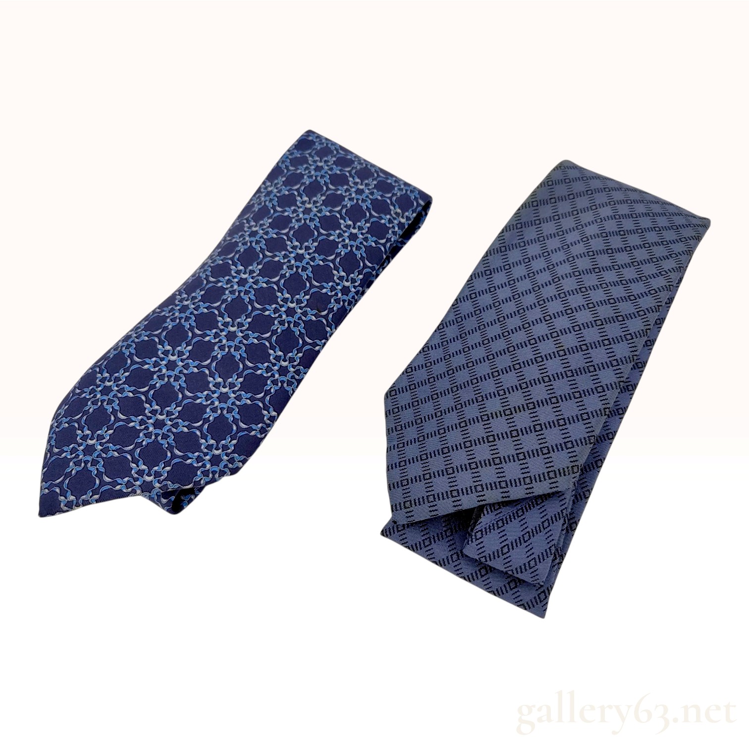 Two Hermes Blue Silk Geometric and Cercle Pattern Neckties