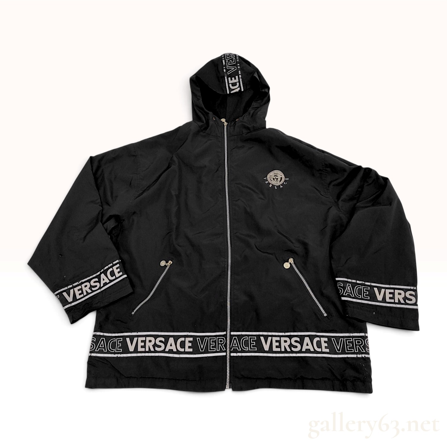 Vintage Versace Jeans Couture Black Hooded Logo Windbreaker Jacket