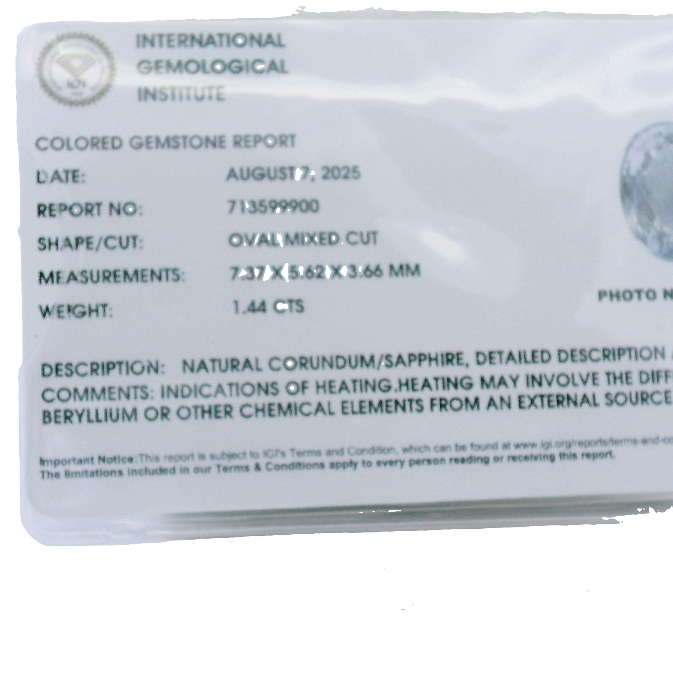 1.44 Carat Certified Sapphire