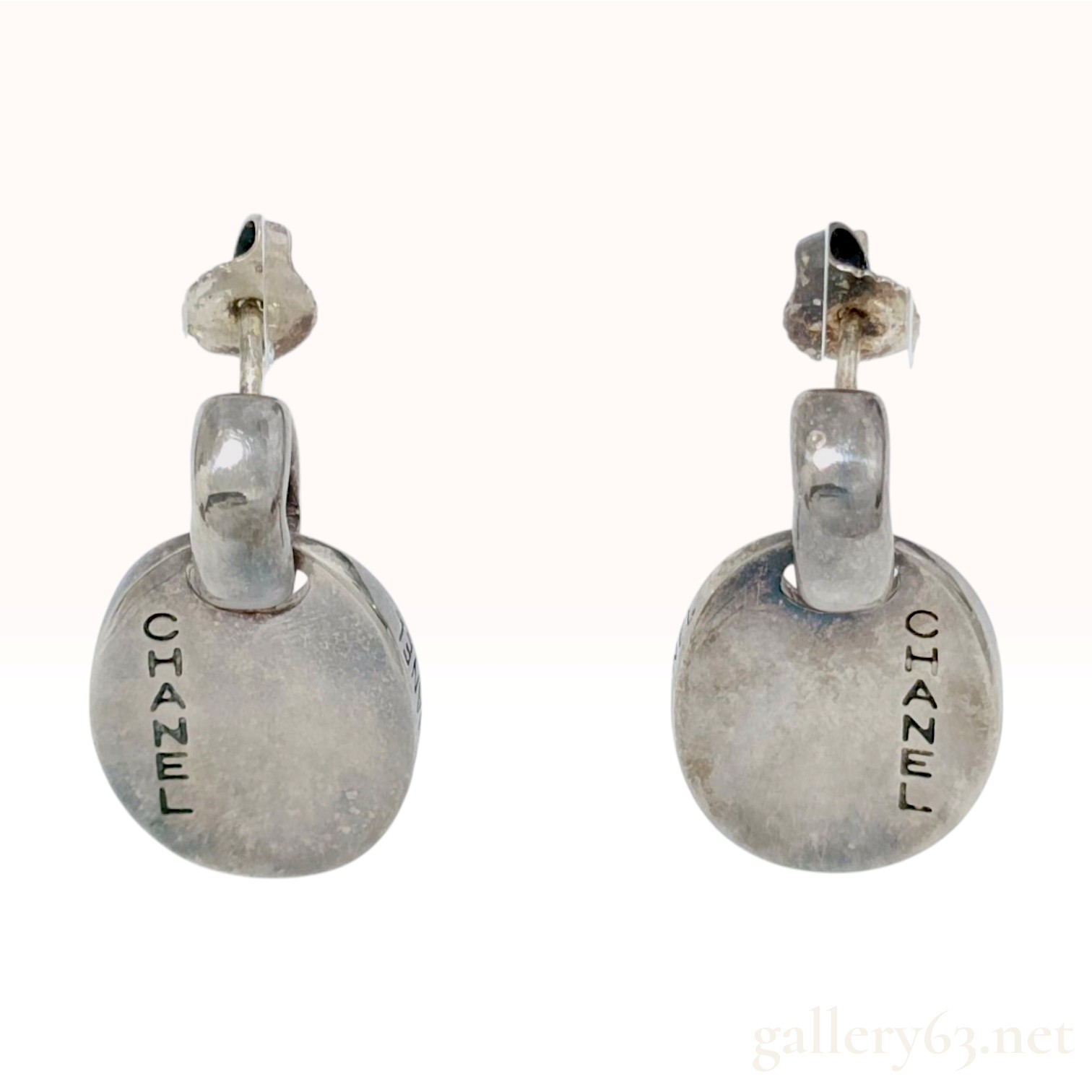 Chanel Silver Oval Dangle Earrings with Original Packaging