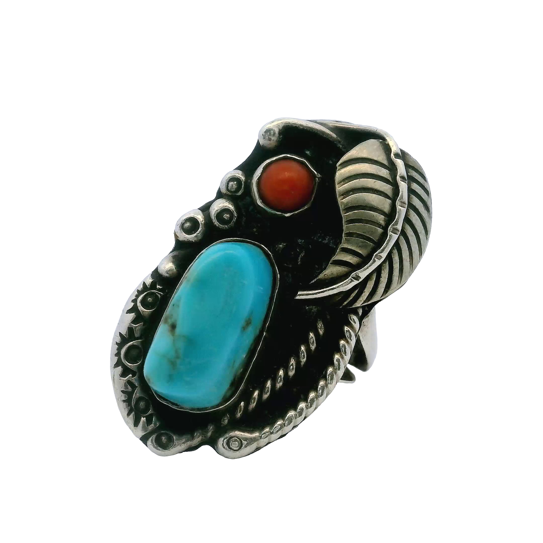 Native American Sterling Turquoise Coral Ring