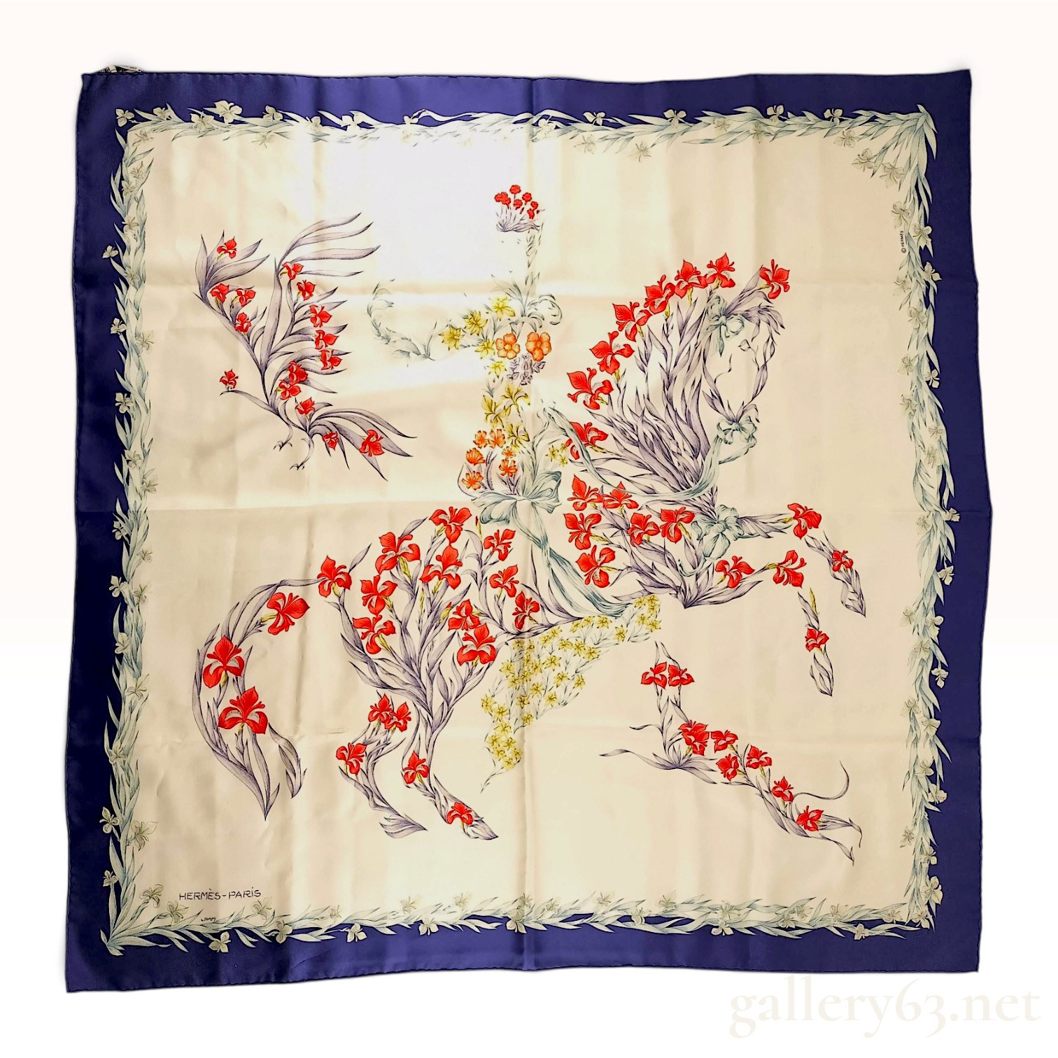 Vintage Hermes Cheval Fleuri Blue Silk Scarf 90