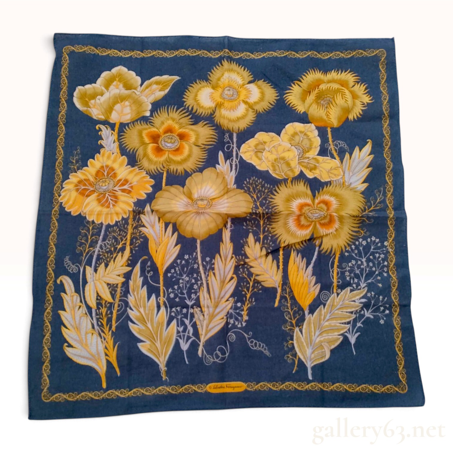 Salvatore Ferragamo Floral Pattern Navy Blue Cotton Scarf