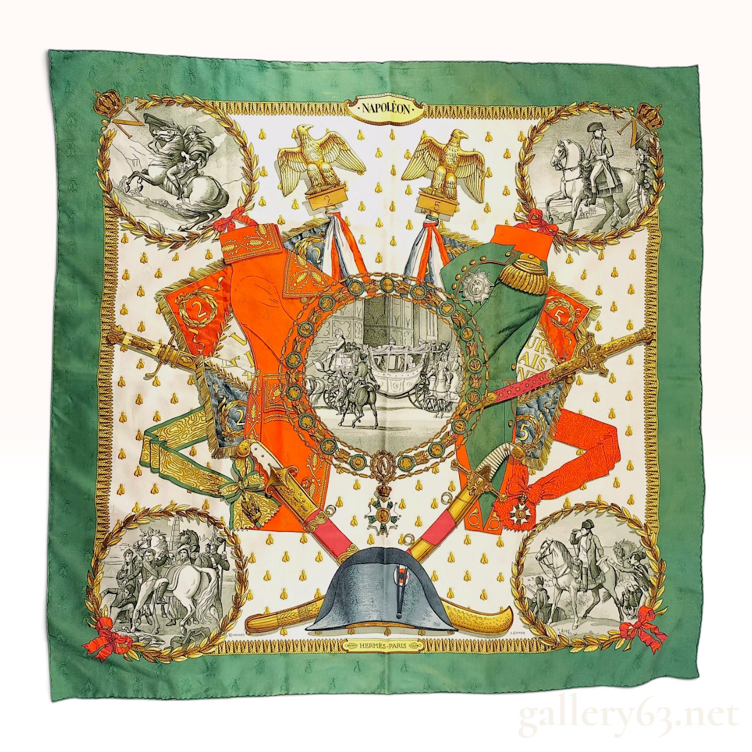 Hermes Napoleon Green Silk Jacquard Carre 90 Scarf