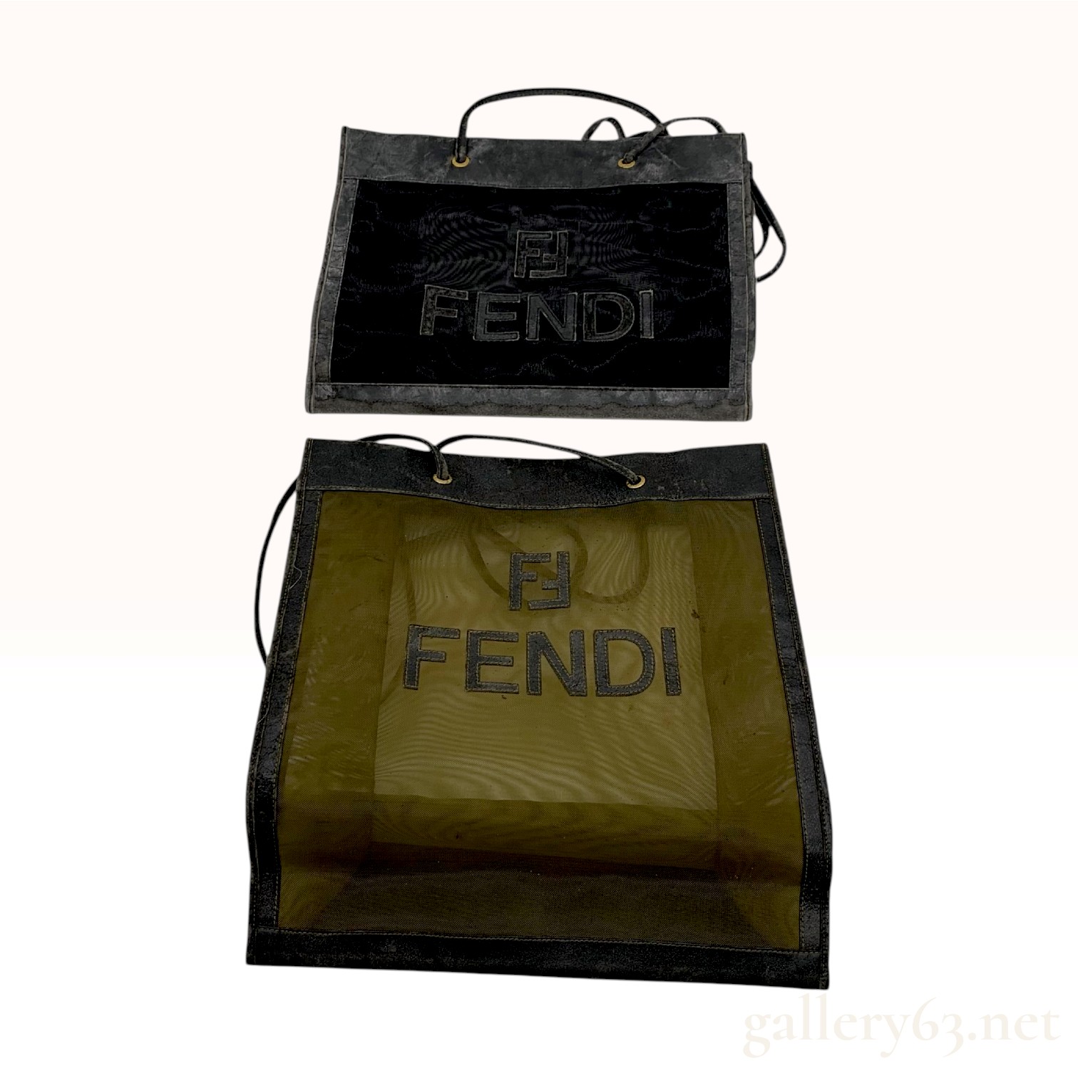 Two Vintage Fendi Mesh Logo Tote Bags in Black and Olive