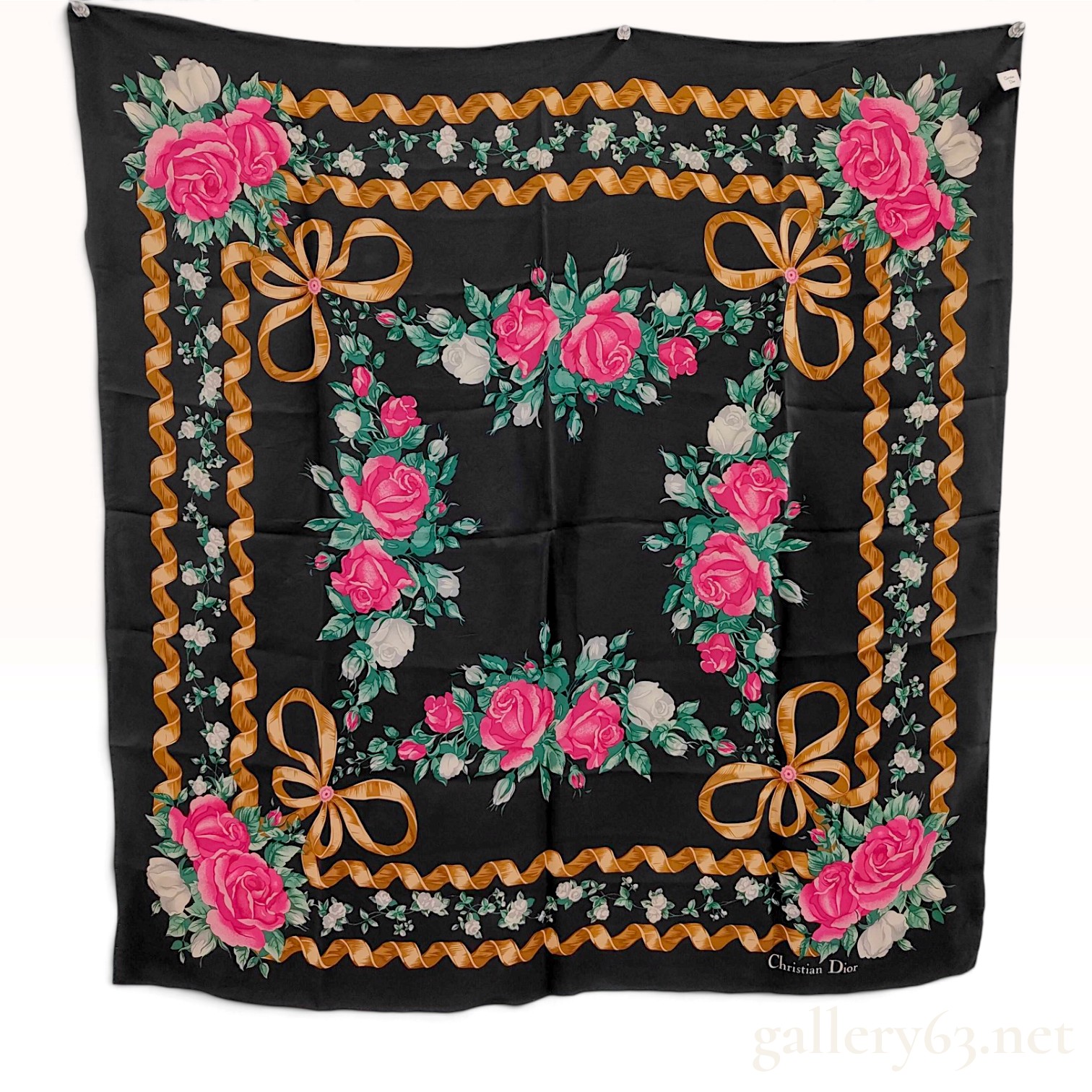 Vintage Christian Dior Rose and Ribbon Motif Black Silk Scarf