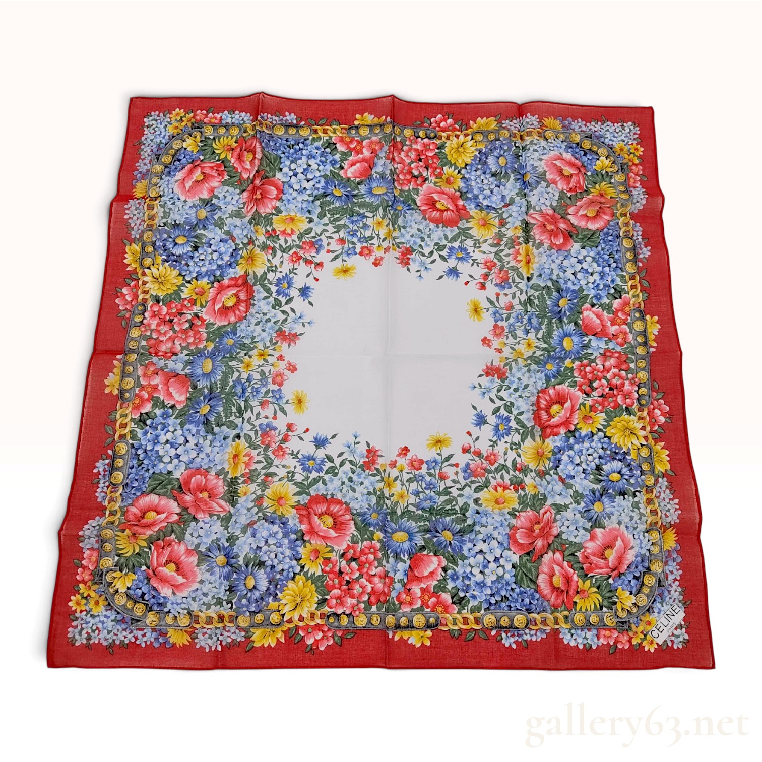 Vintage Celine Polychrome Wildflower Red Cotton Scarf