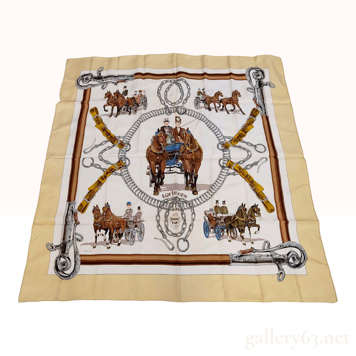 Vintage Hermes Equipages Cream and Beige Silk Carre 90 Scarf