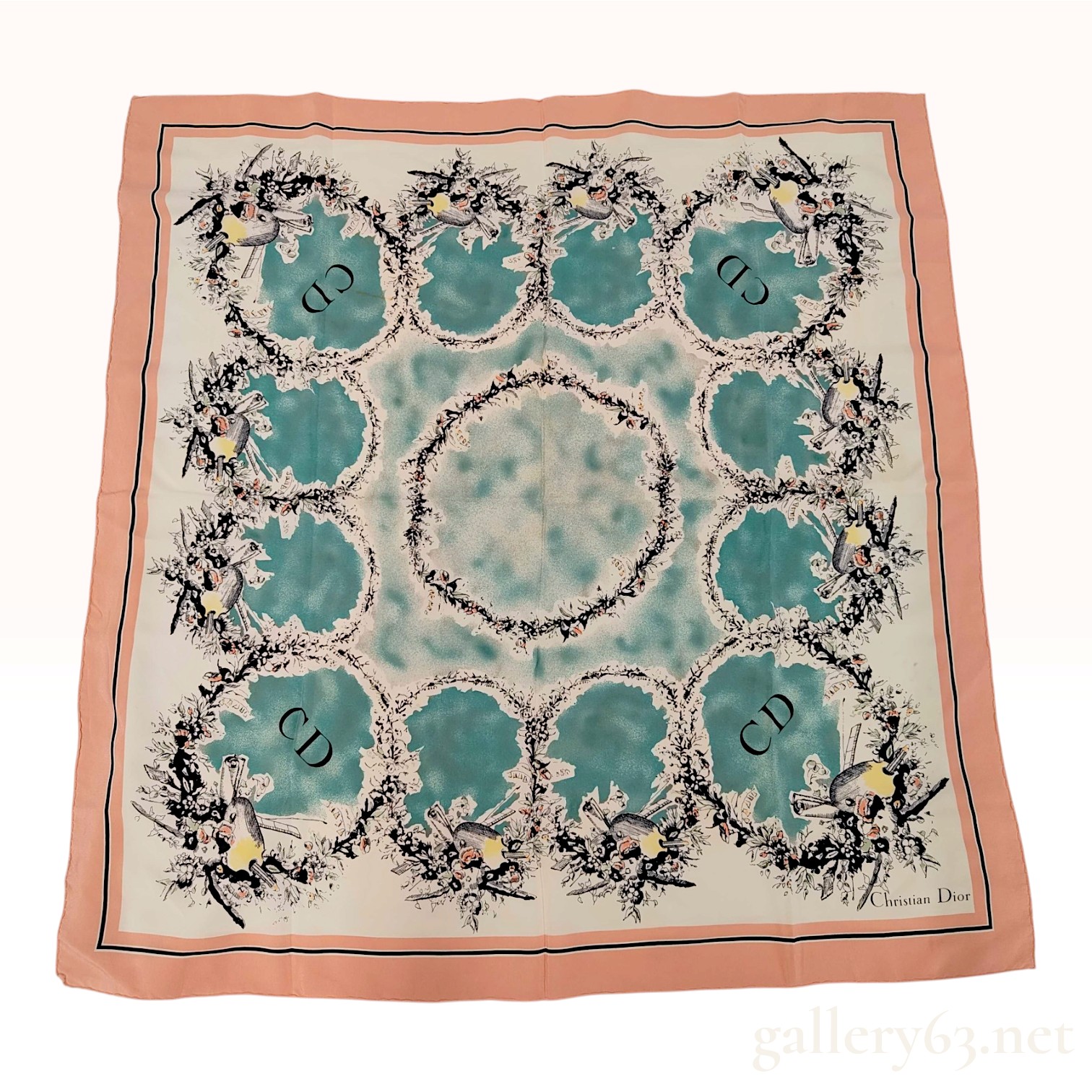 Vintage Christian Dior Floral Wreath Pink and Teal Silk Scarf