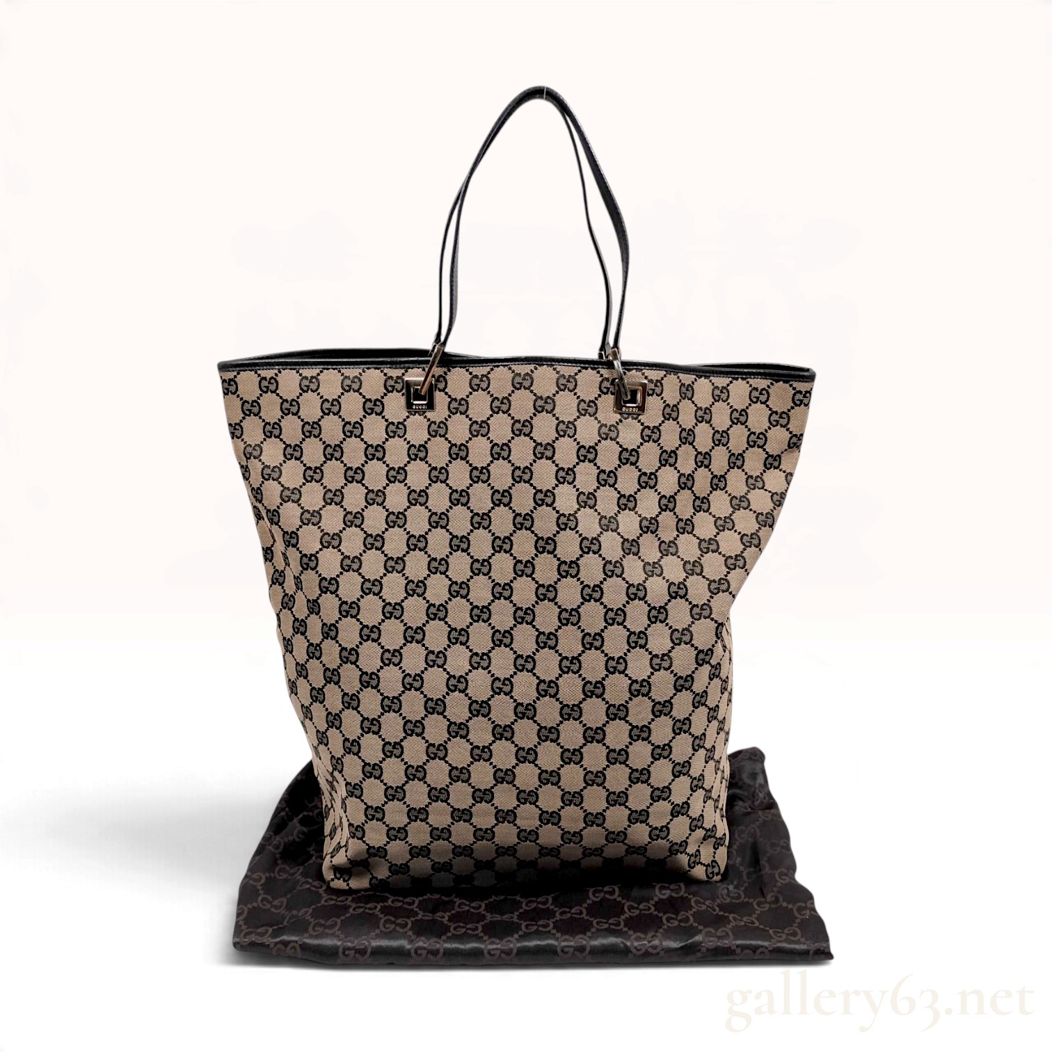 Gucci GG Supreme Canvas Black Leather Large Tote with Dust Bag