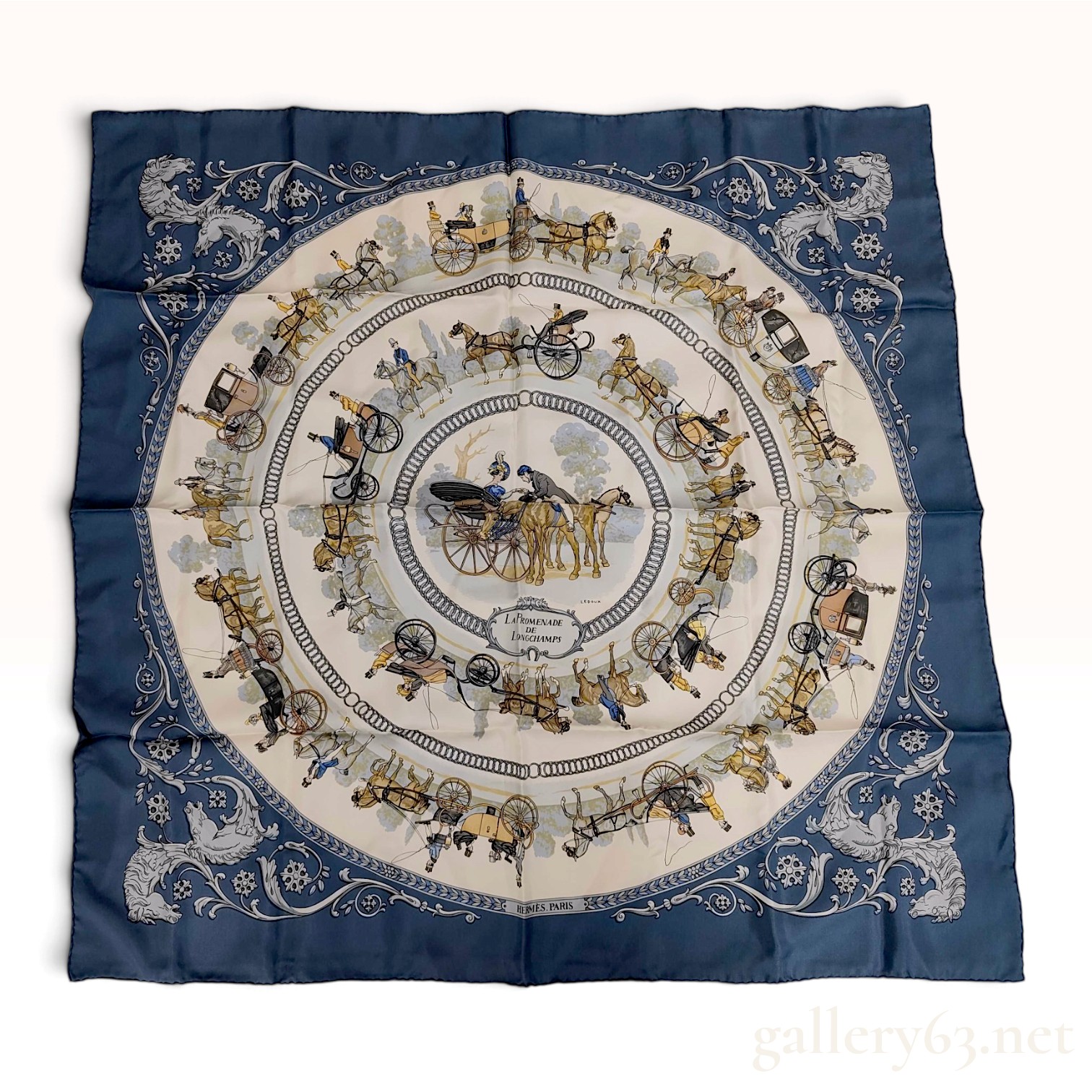 Hermes La Promenade de Longchamps Blue Silk Carre 90
