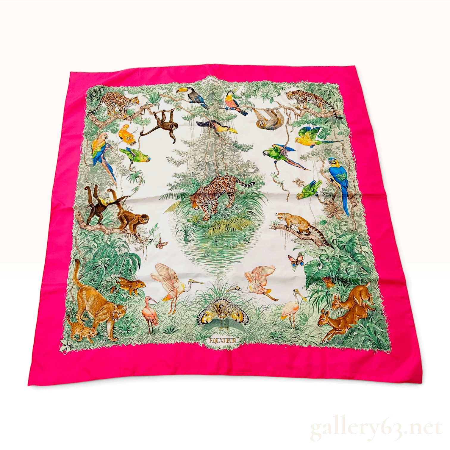 Vintage Hermes Equateur Rose Vif Silk Scarf 90