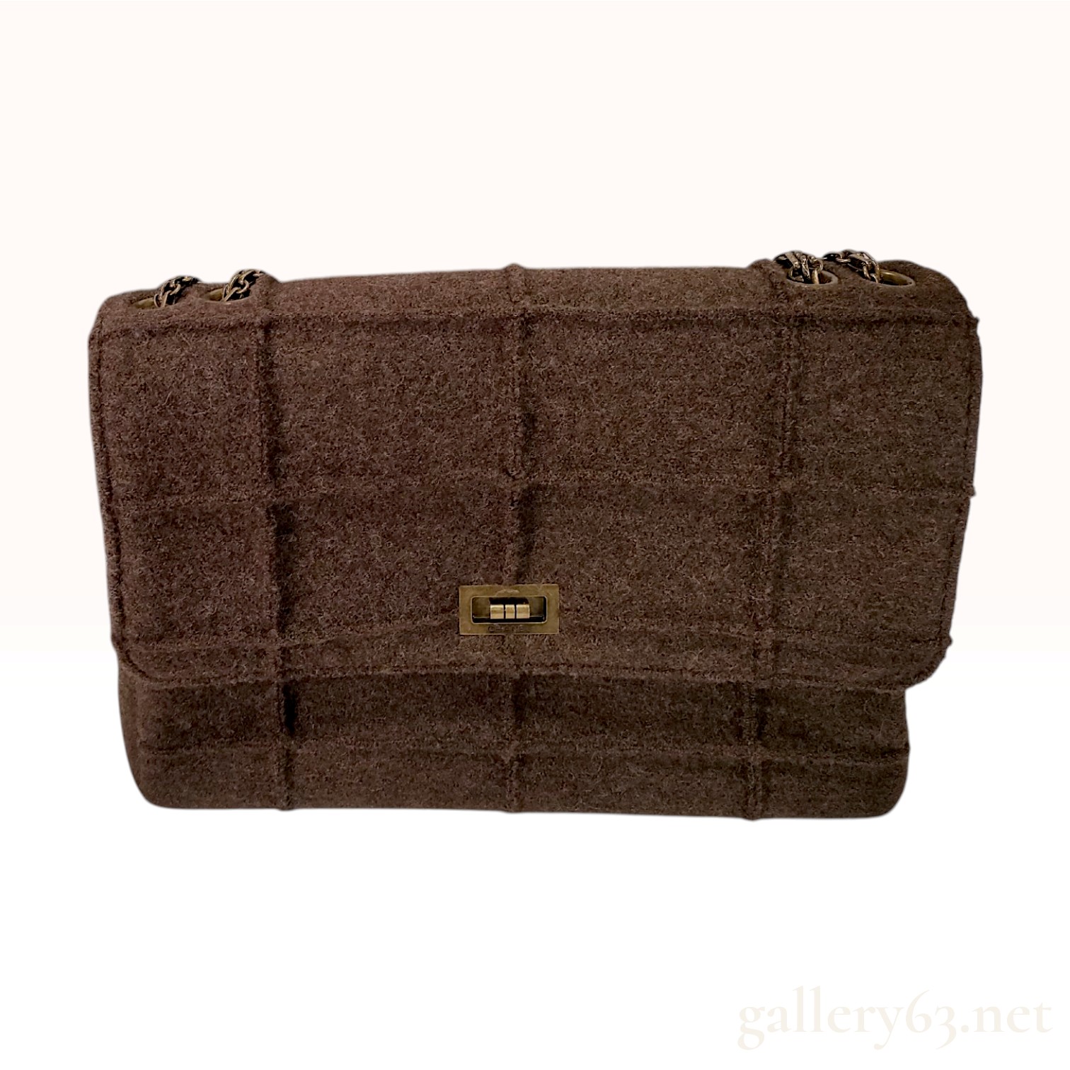 Vintage Chanel Chocolate Bar Brown Wool Flap Bag with Authenticity Card