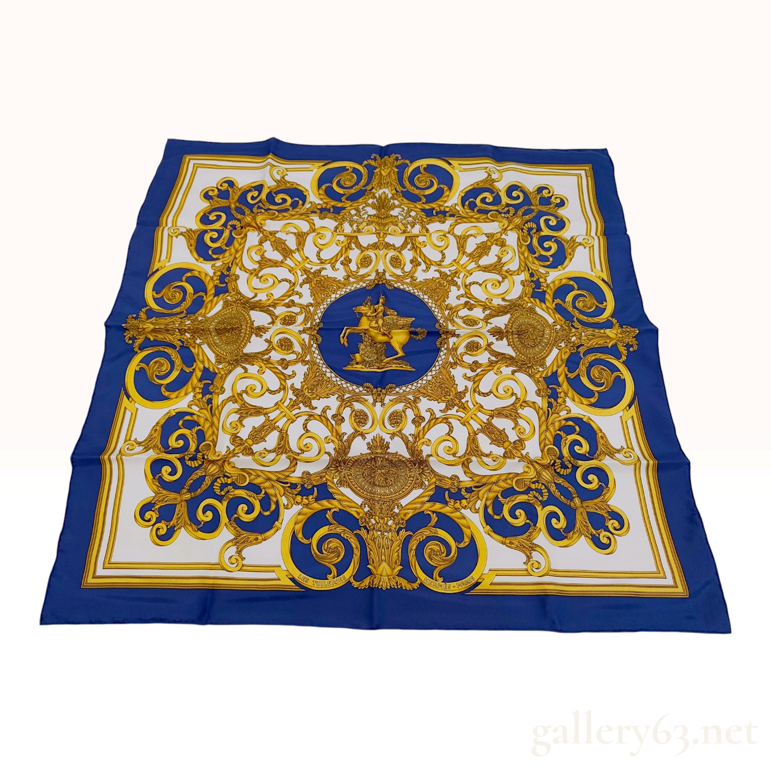 Hermes Les Tuileries Blue Silk Scarf 90 with Box