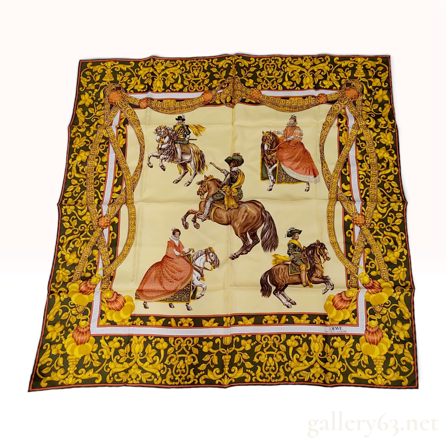 Loewe Velazquez Ecuestre Gold and Olive Green Silk Scarf