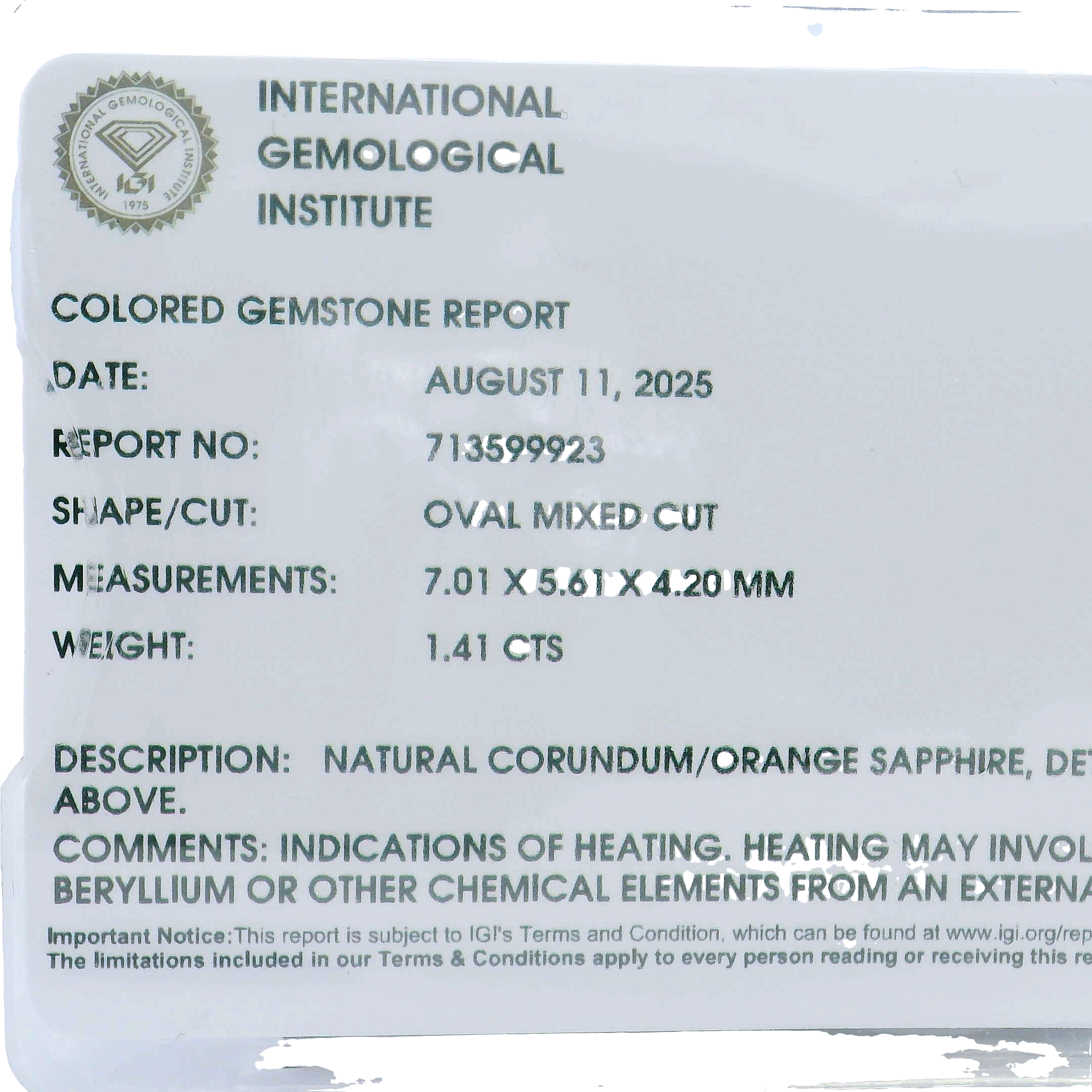 1.41 Carat Certified Orange Sapphire