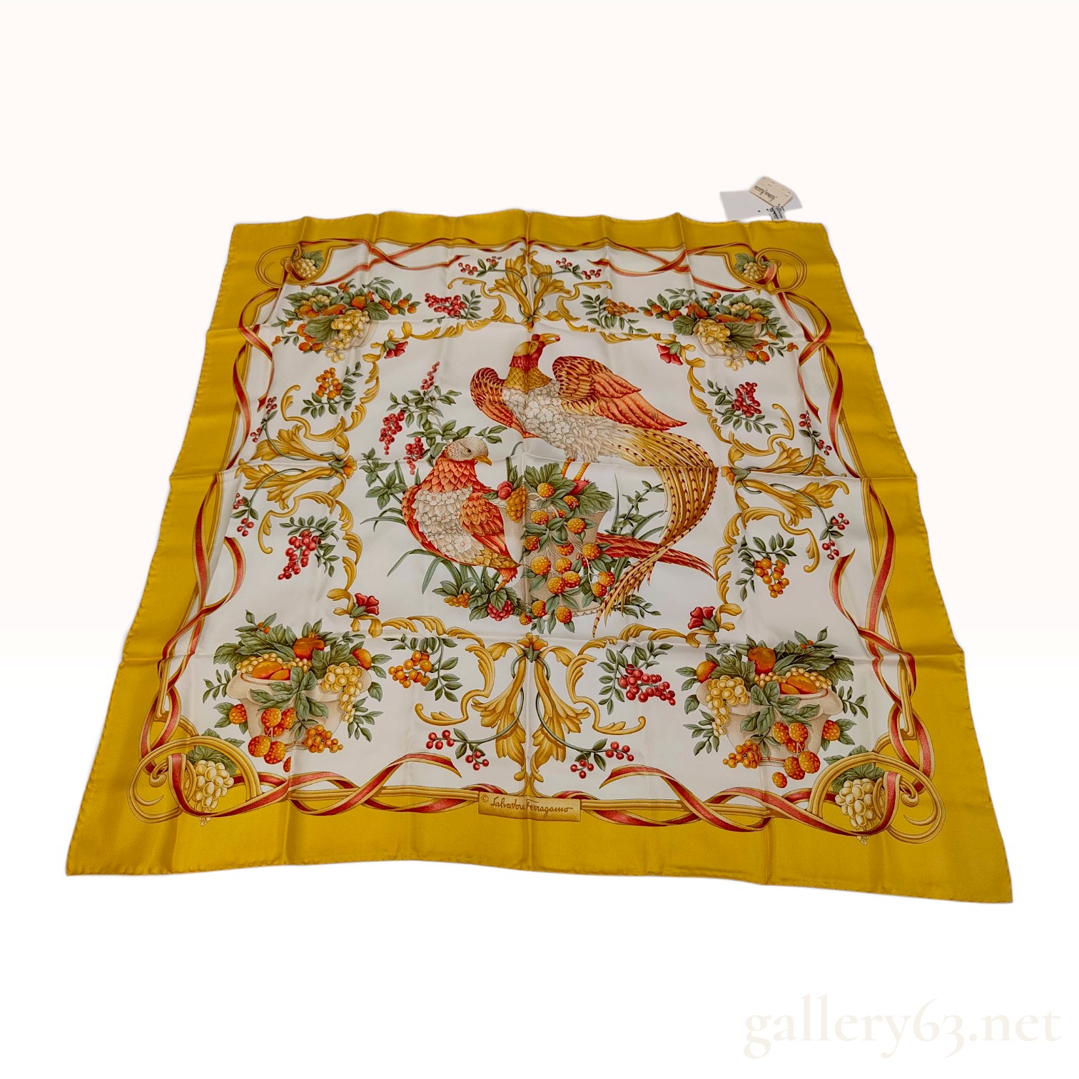 Salvatore Ferragamo Pheasant and Fruit Motif Gold Silk Scarf with NWT