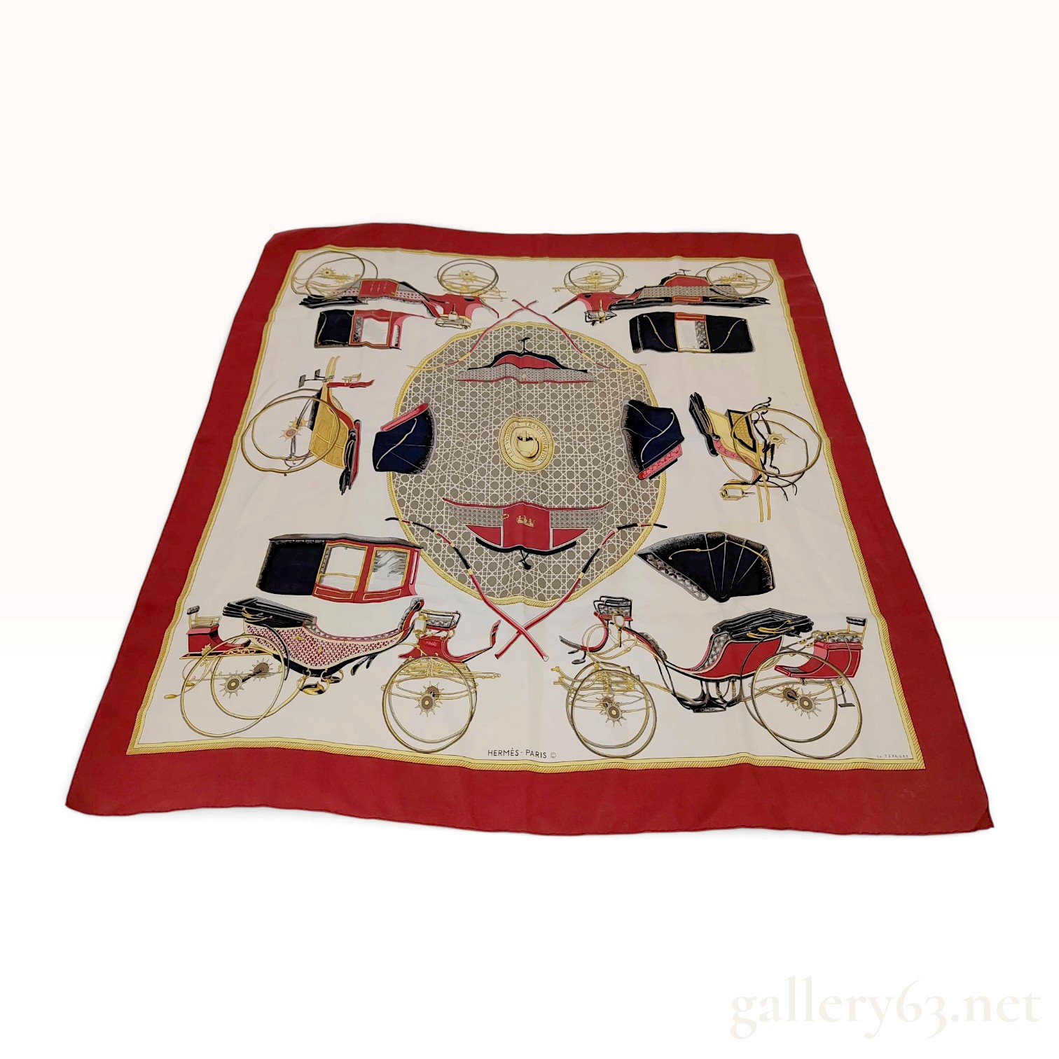 Vintage Hermes Les Voitures a Transformation Red and Cream Silk Scarf 90