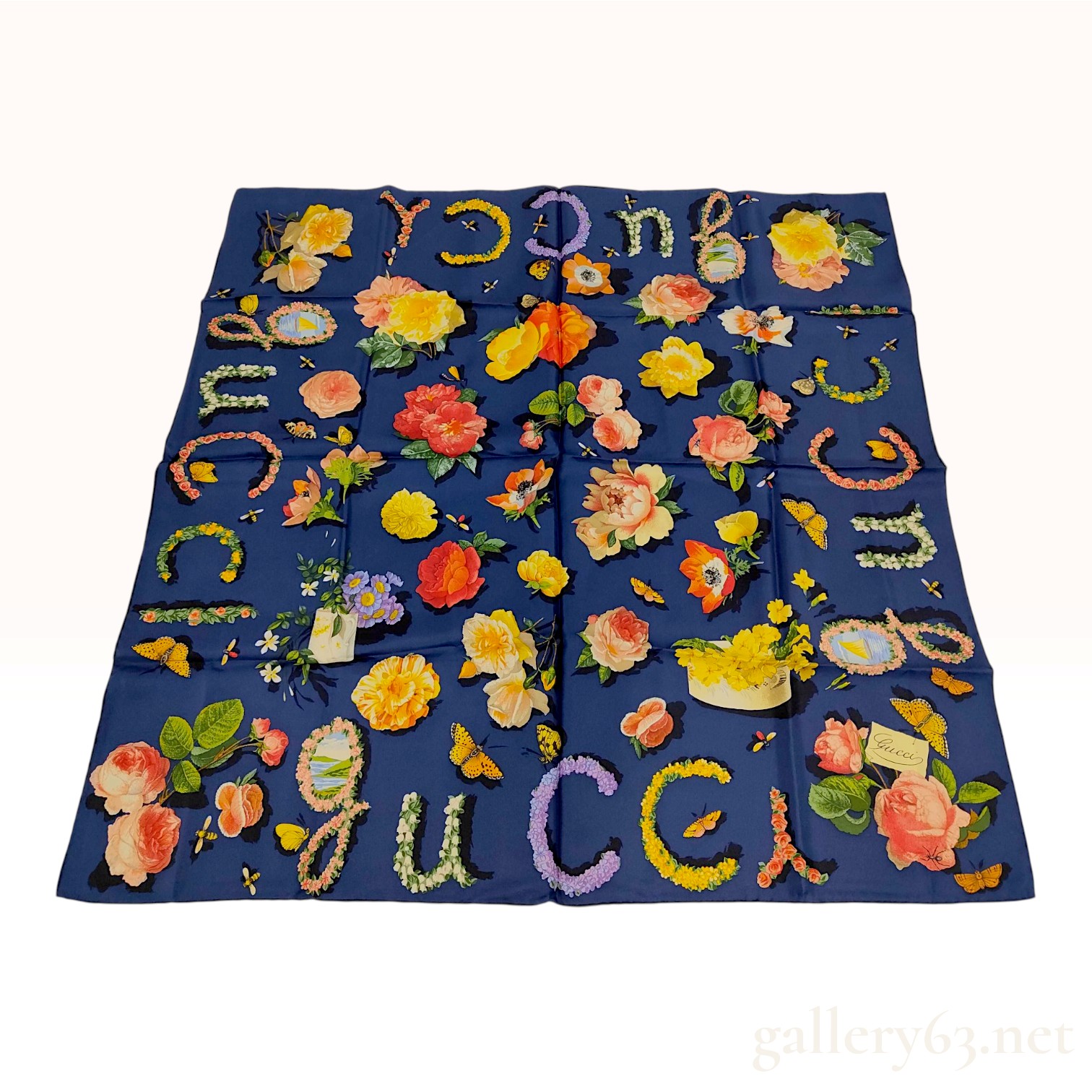 Gucci Floral Logo Motif Blue Silk Scarf