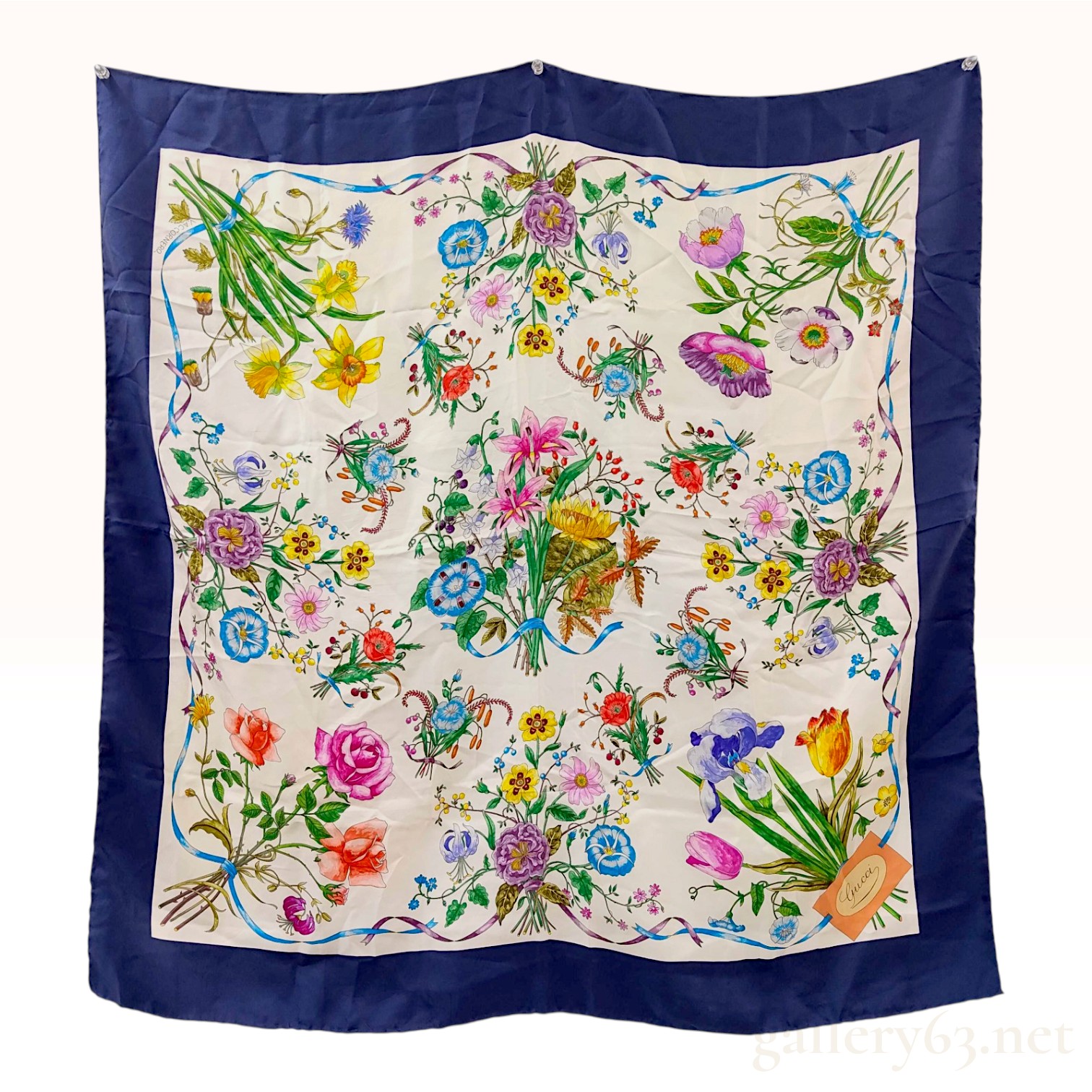 Vintage Gucci Flora Blue Border Silk Scarf