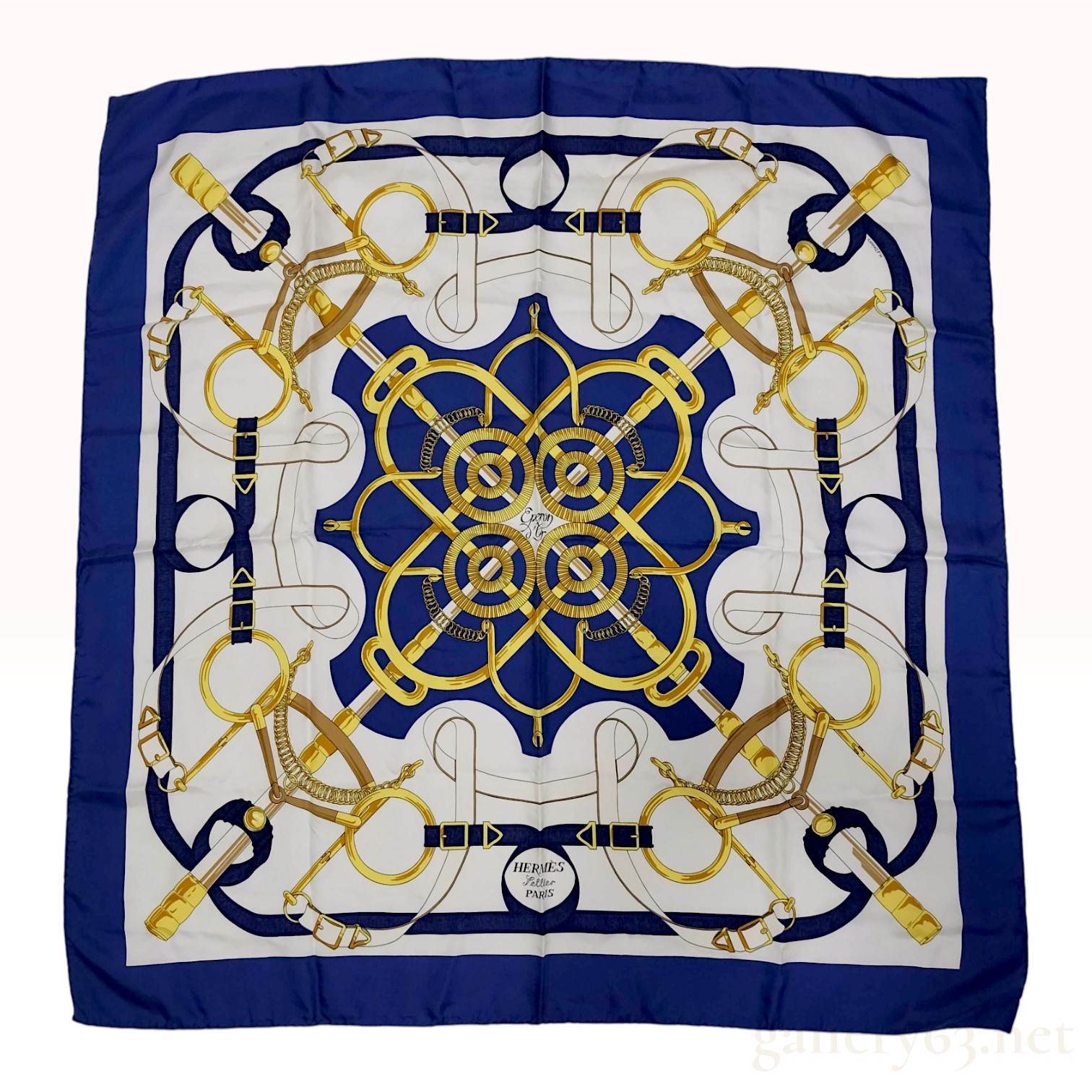 Hermes Grand Apparat Navy Blue Silk Carre 90