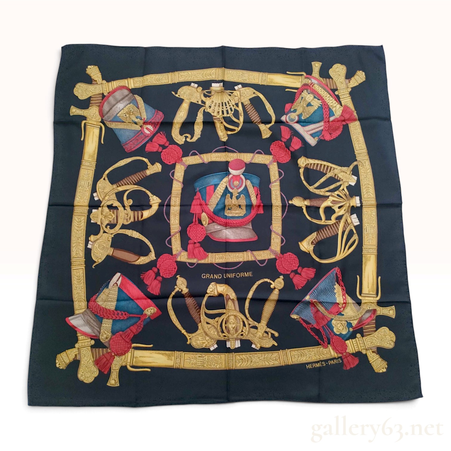 Hermes Grand Uniforme Navy Blue Silk Scarf 90