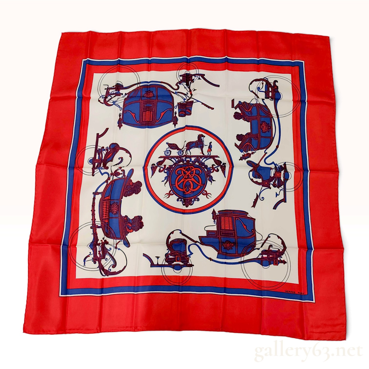 Hermes Ex-Libris Red Blue and Cream Silk Scarf 90