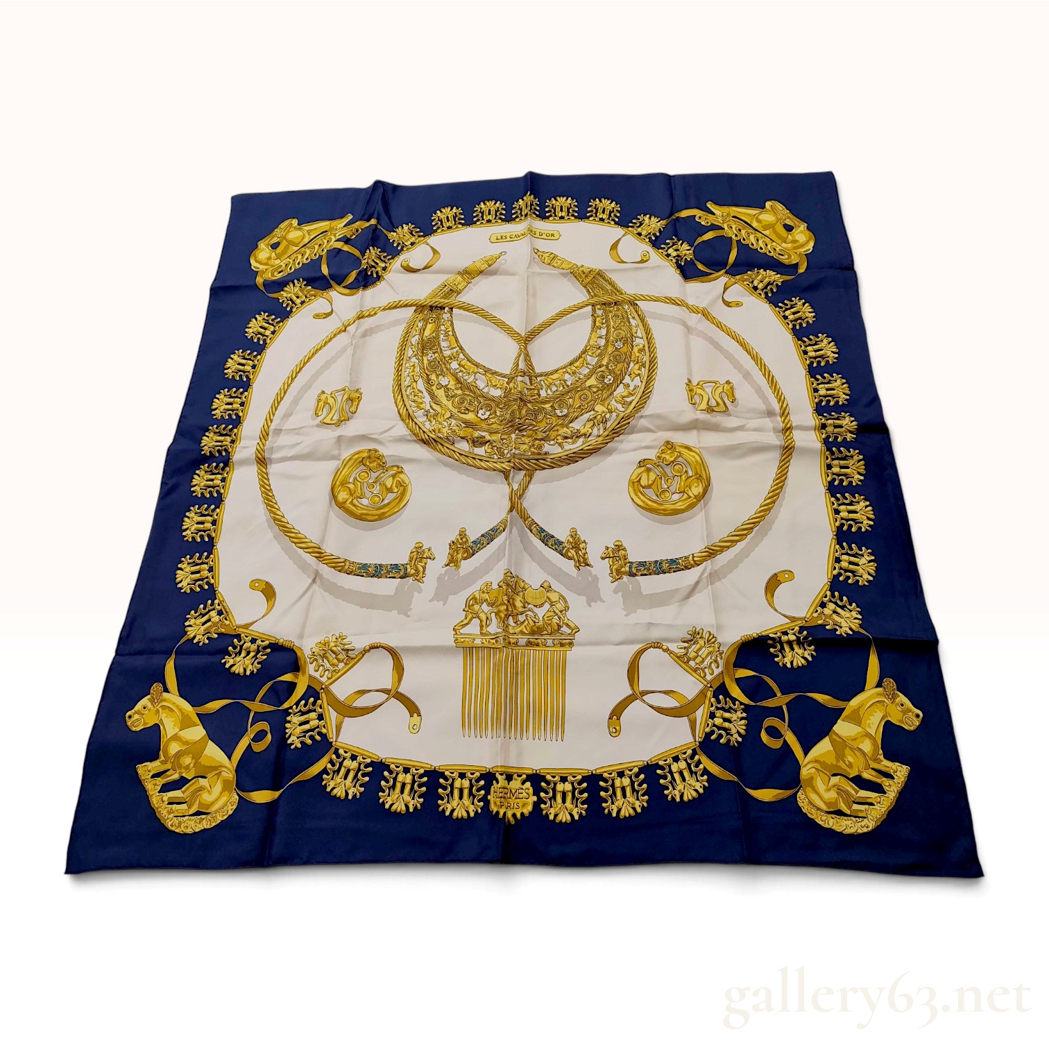 Hermes Les Cavaliers d'Or Navy Blue Silk Carre 90