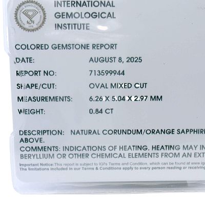 .84 Carat Certified Orange Sapphire. 0.84 carats.