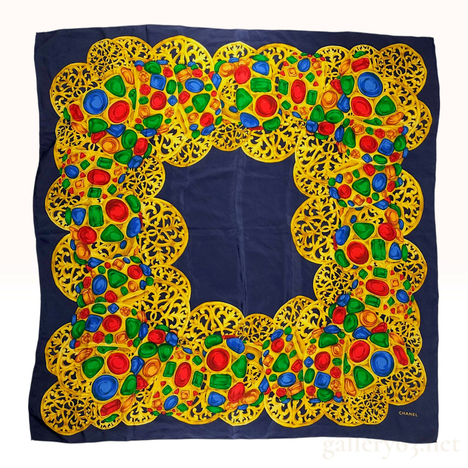 Chanel Vintage Gripoix Jewel Print Navy Blue Silk Scarf