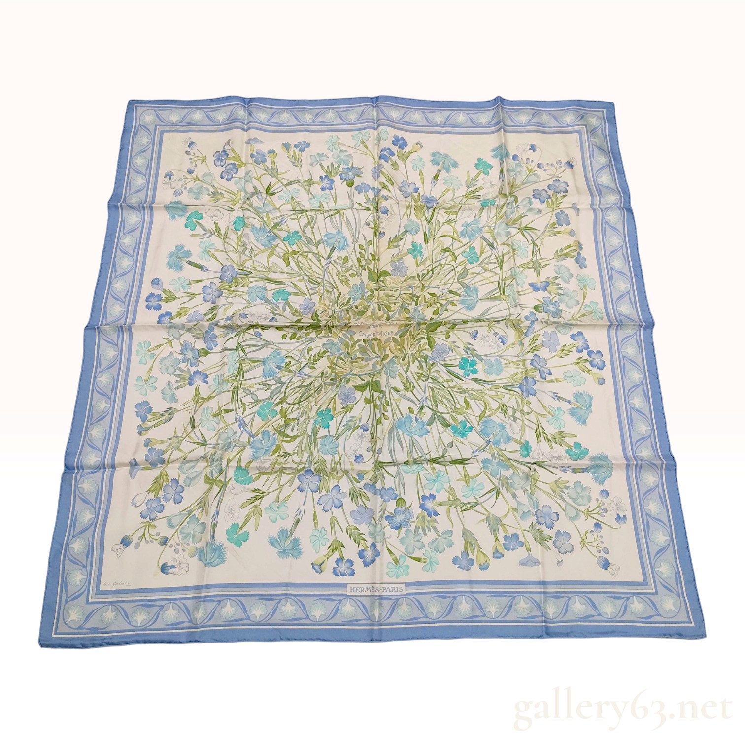 Hermes Oeillets et Autres Caryophyllees Blue Silk Carre Scarf With Box