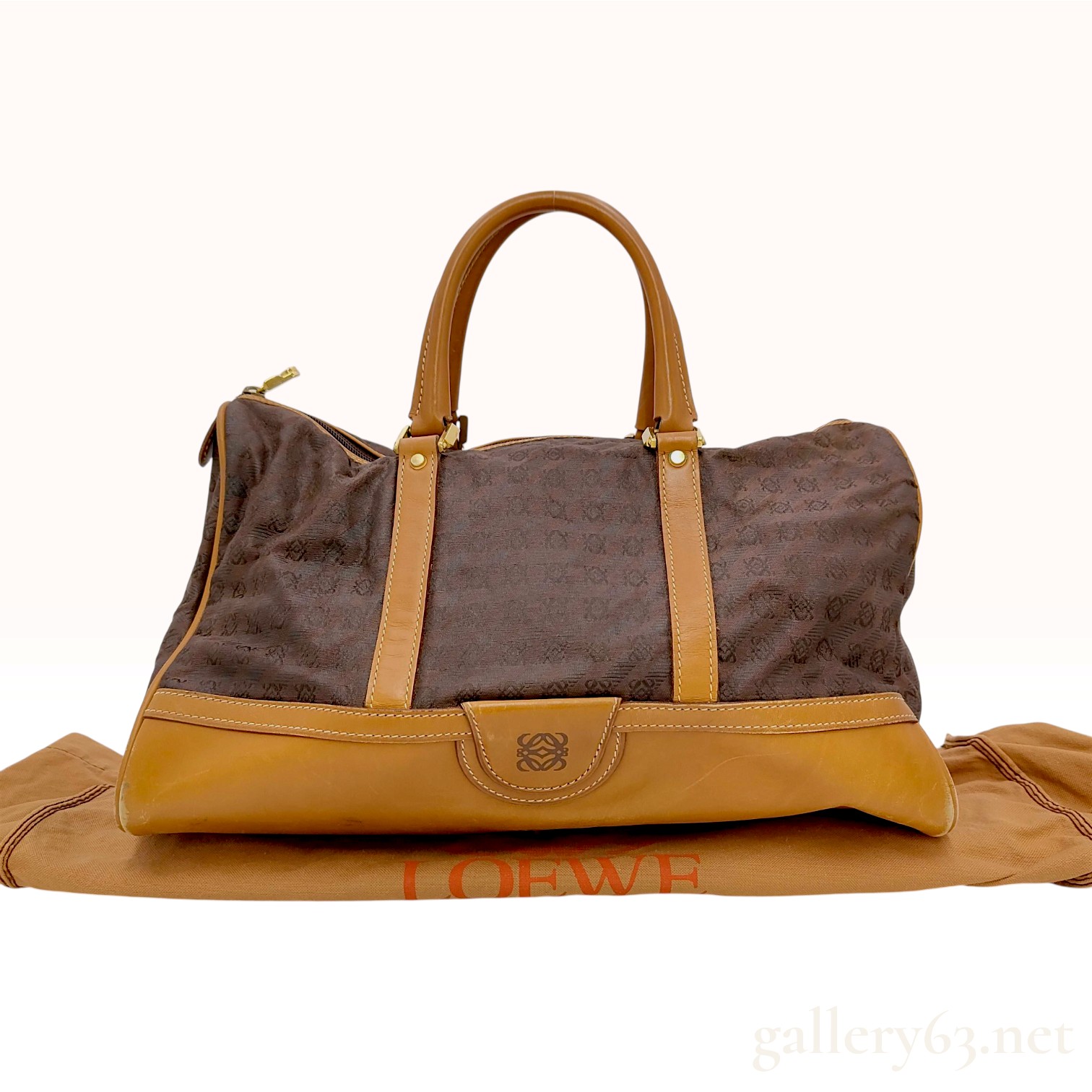 Vintage Loewe Anagram Monogram Brown Canvas and Tan Leather Duffel Bag with Dust Bag