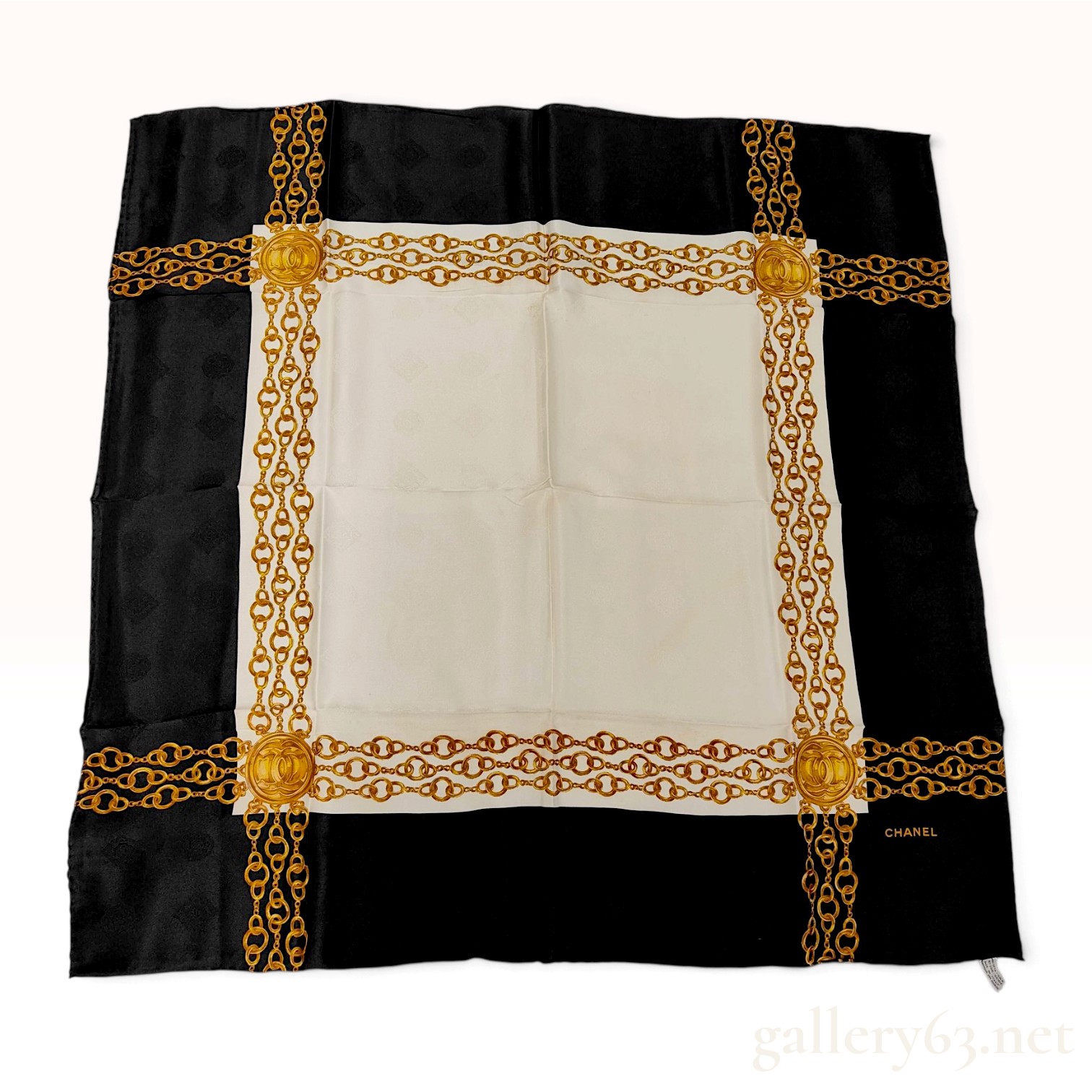 Vintage Chanel CC Chain Motif Black and White Silk Scarf