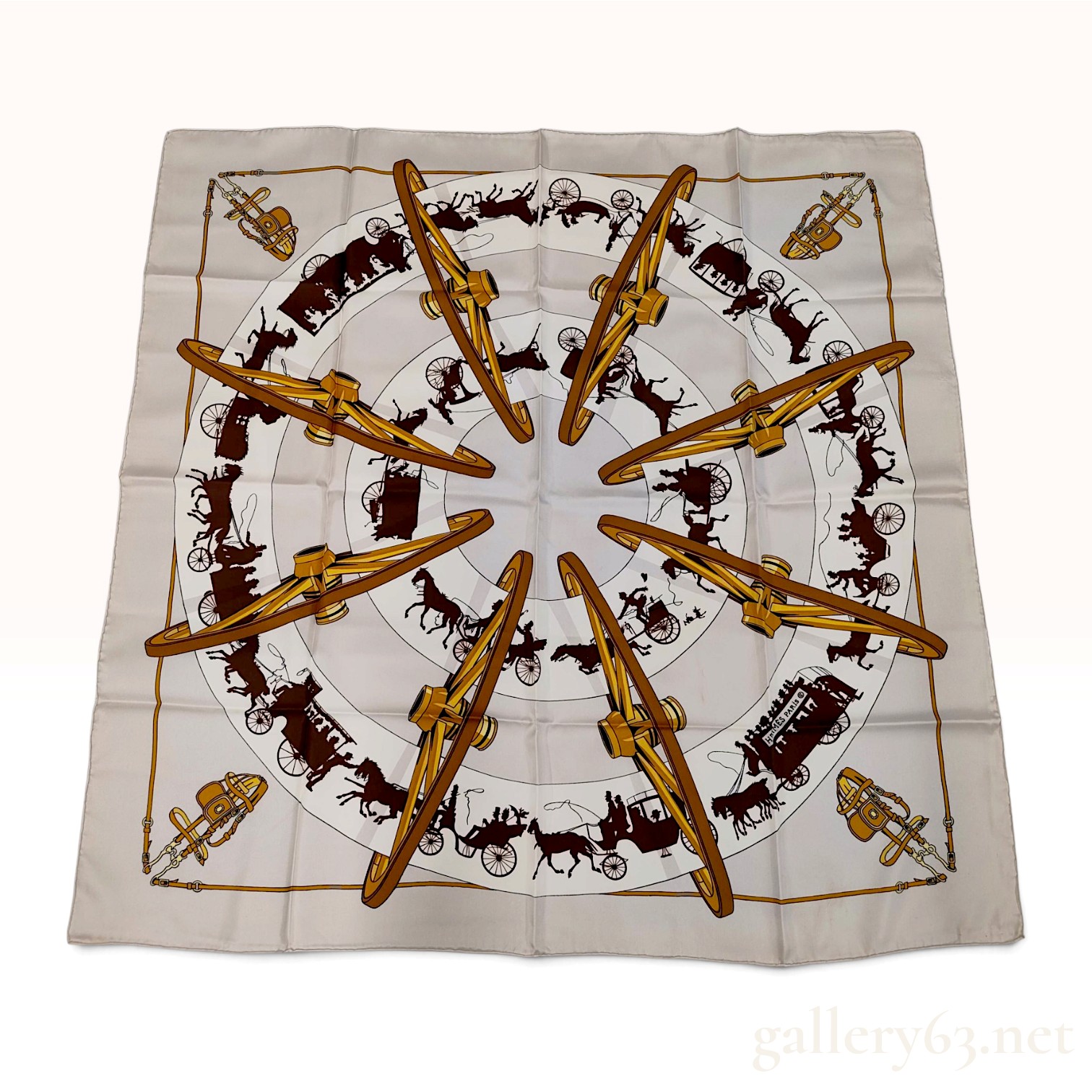 Vintage Hermes Voitures de Transformation Gray Silk Scarf