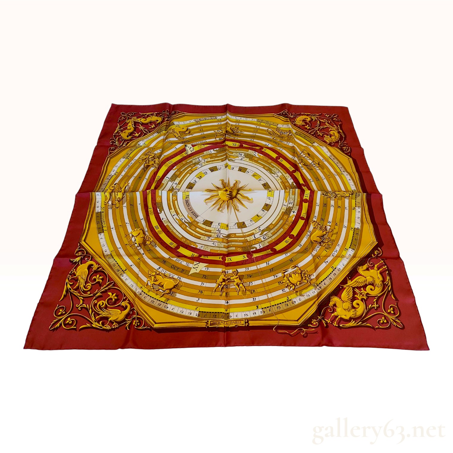 Hermes Dies et Hore Burgundy Silk Scarf 90