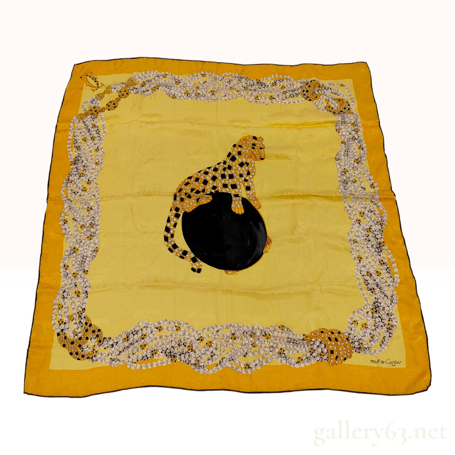Vintage Must de Cartier Panthere Royale Yellow Silk Scarf 85cm