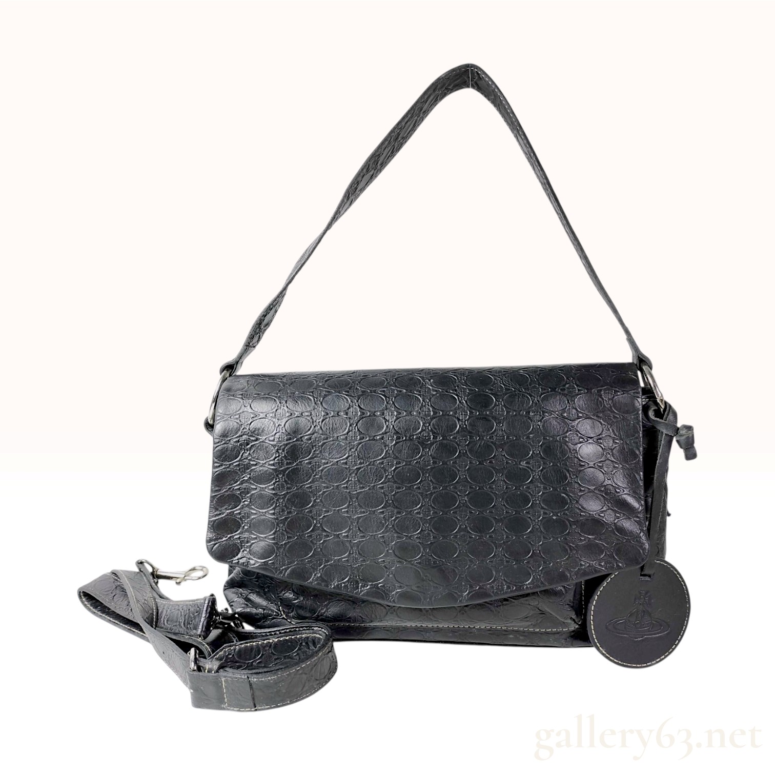 Vivienne Westwood Black Embossed Leather Orb Shoulder Bag