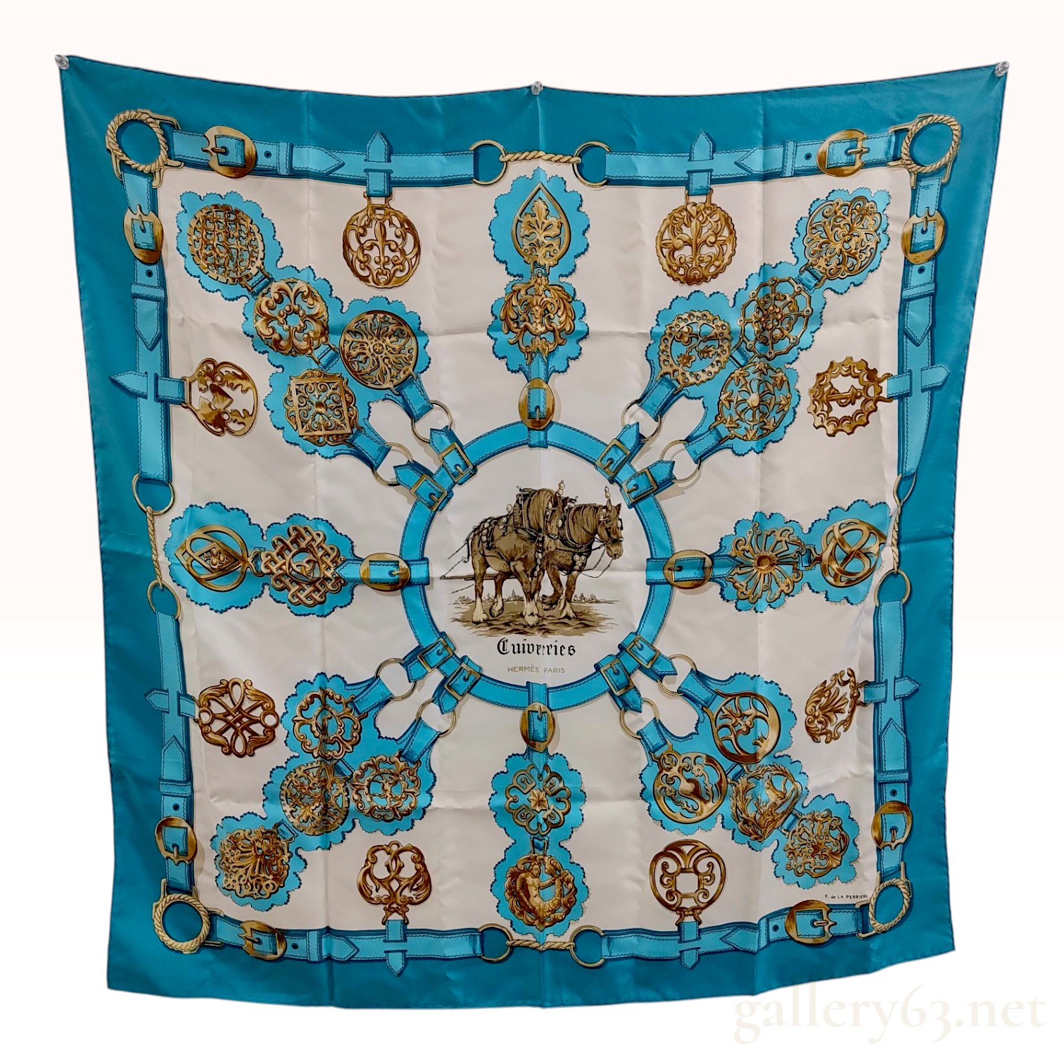 Vintage Hermes Cuivreries Turquoise Silk Carre 90