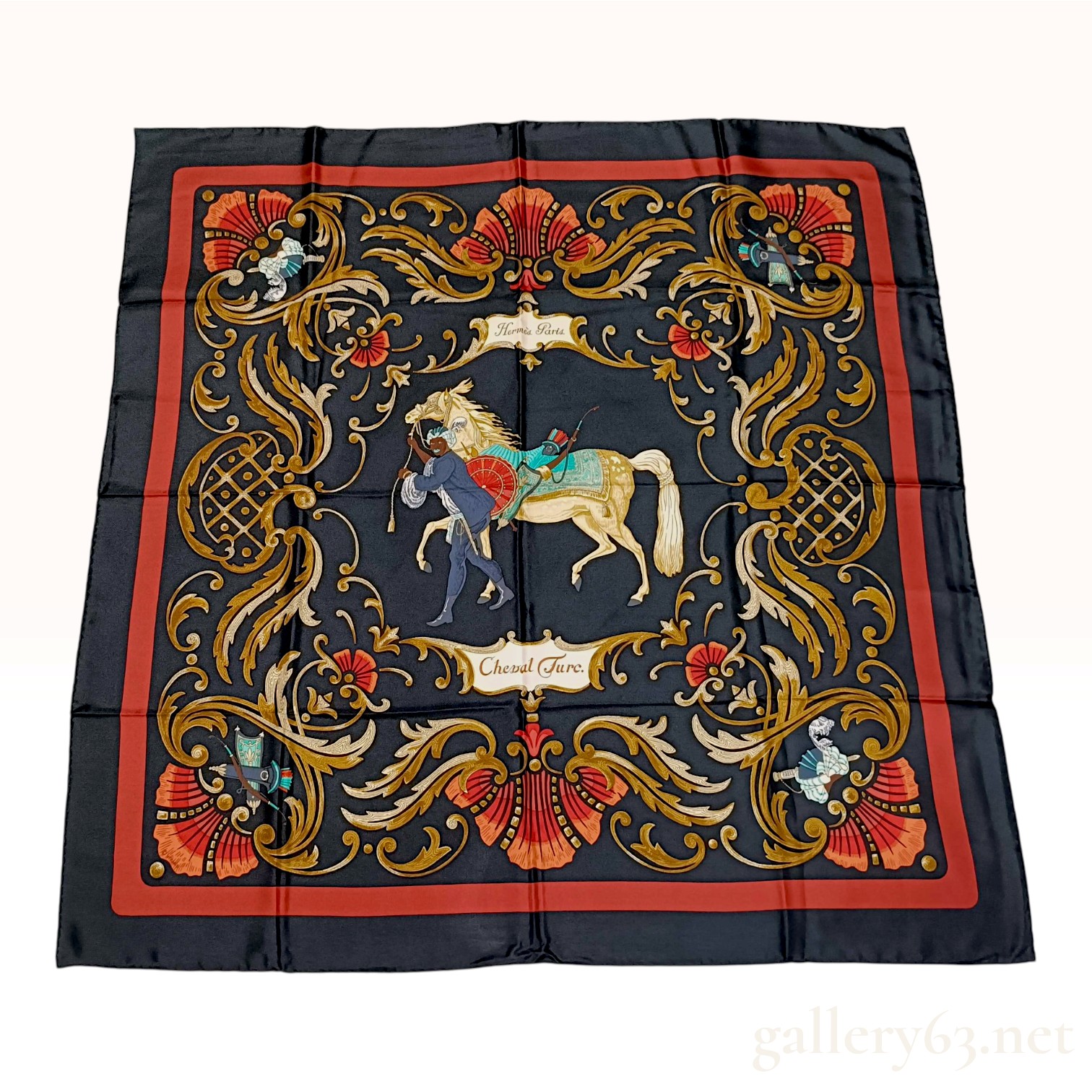 Vintage Hermes Cheval Turc Black Silk Scarf 90