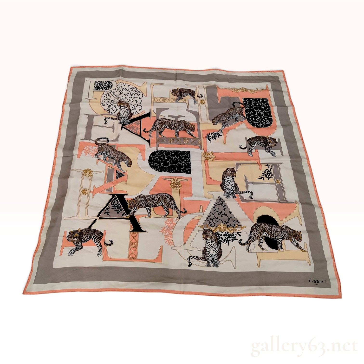 Vintage Cartier Panthere Alphabet Peach Silk Scarf