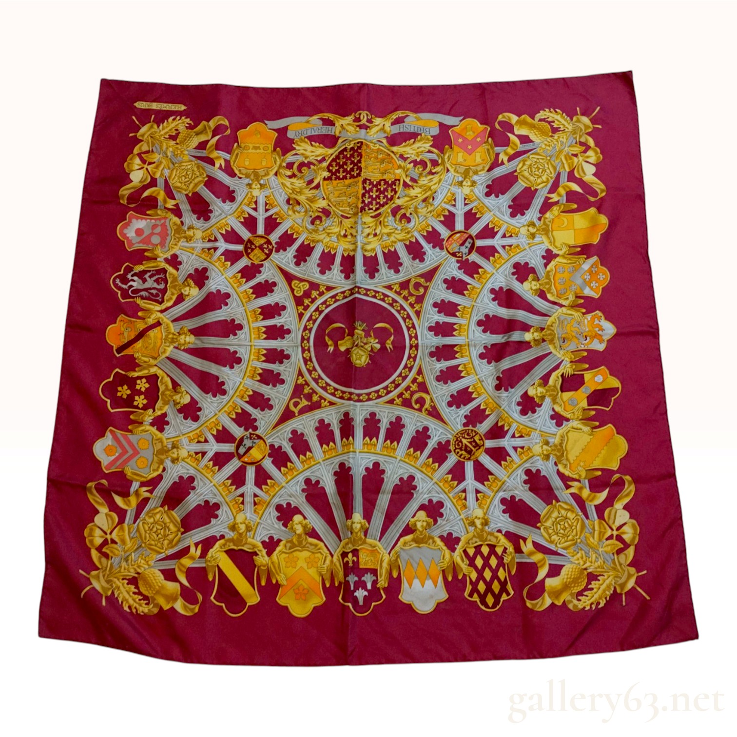 Vintage Hermes British Heraldry Burgundy Silk Carre Scarf 90